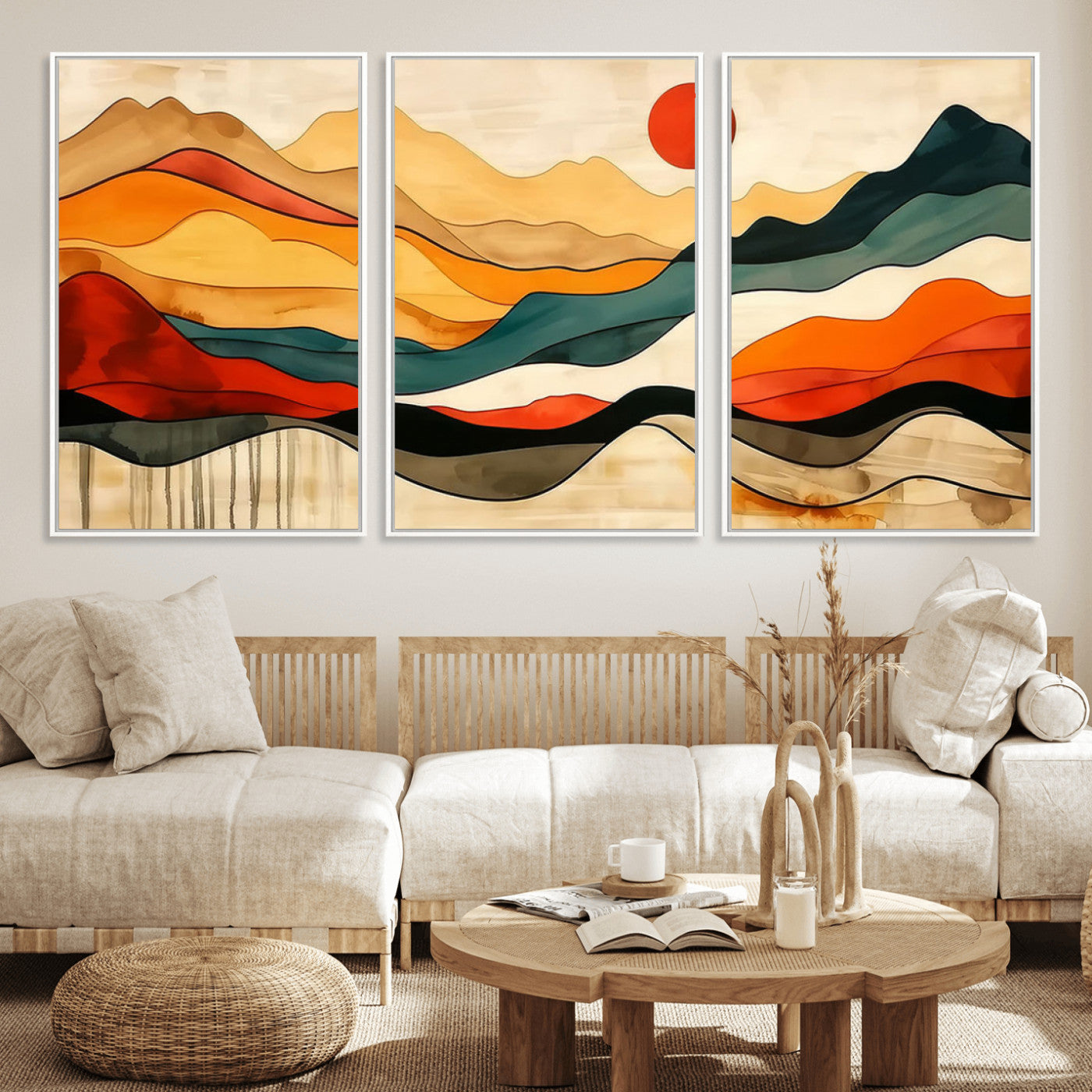 23241-MGV-FC-60X30-3P_White-Mid Century Wall Art Print - Abstract Woodland Print - Modern Art Panoramic Mountain Wall Art