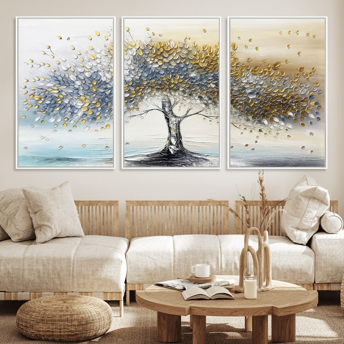 MGV-FC-60X30-3P - Golden & Silver Tree of Life Wall Art – Canvas Print with Whimsical Leaves Elegant Nature Design, Decorative Home, Office or Guest Room Decor