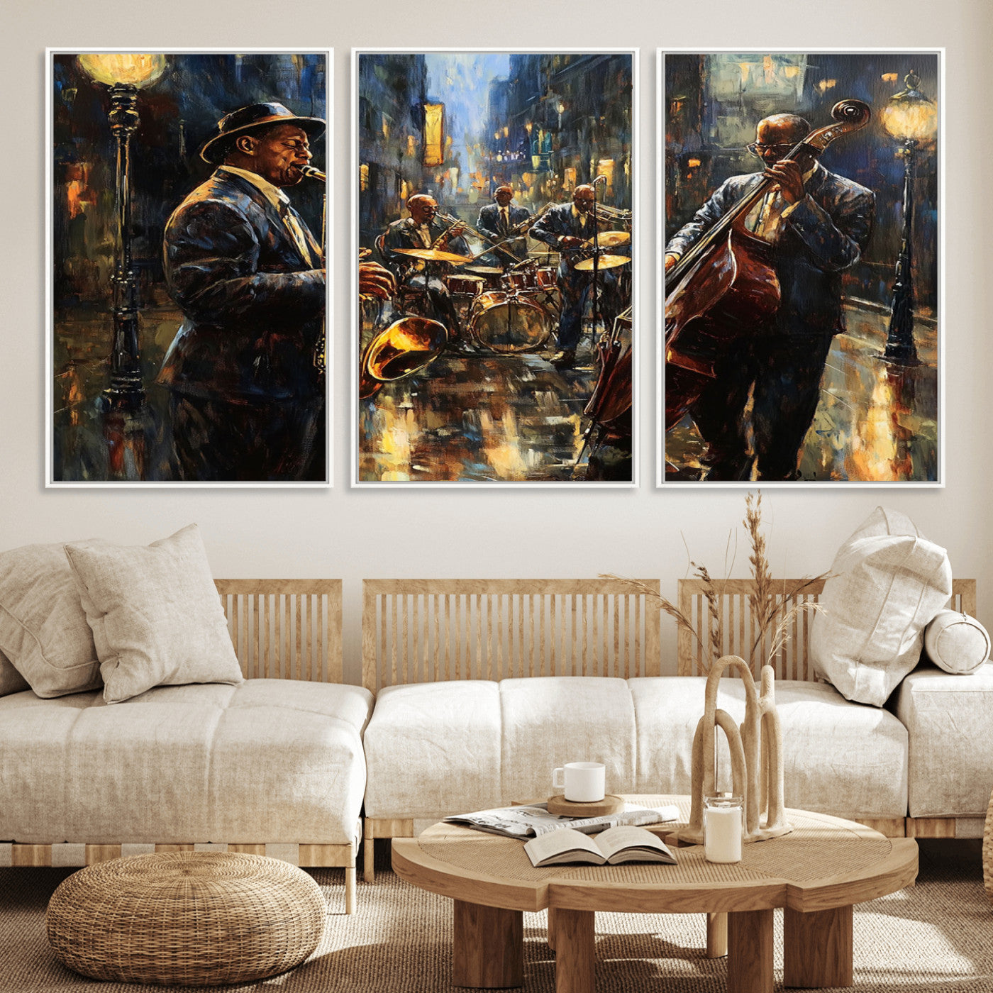 36990-MGV-FC-60X30-3P_White-Jazz Canvas Wall Art Print - Abstract African American Music Art - Framed Posters for Living Room or