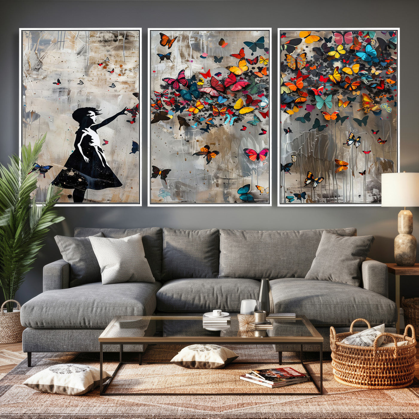 51446-MGV-CV-36X24 - Banksy Butterfly Girl Wall Art | 3-Piece Butterfly Girl Canvas