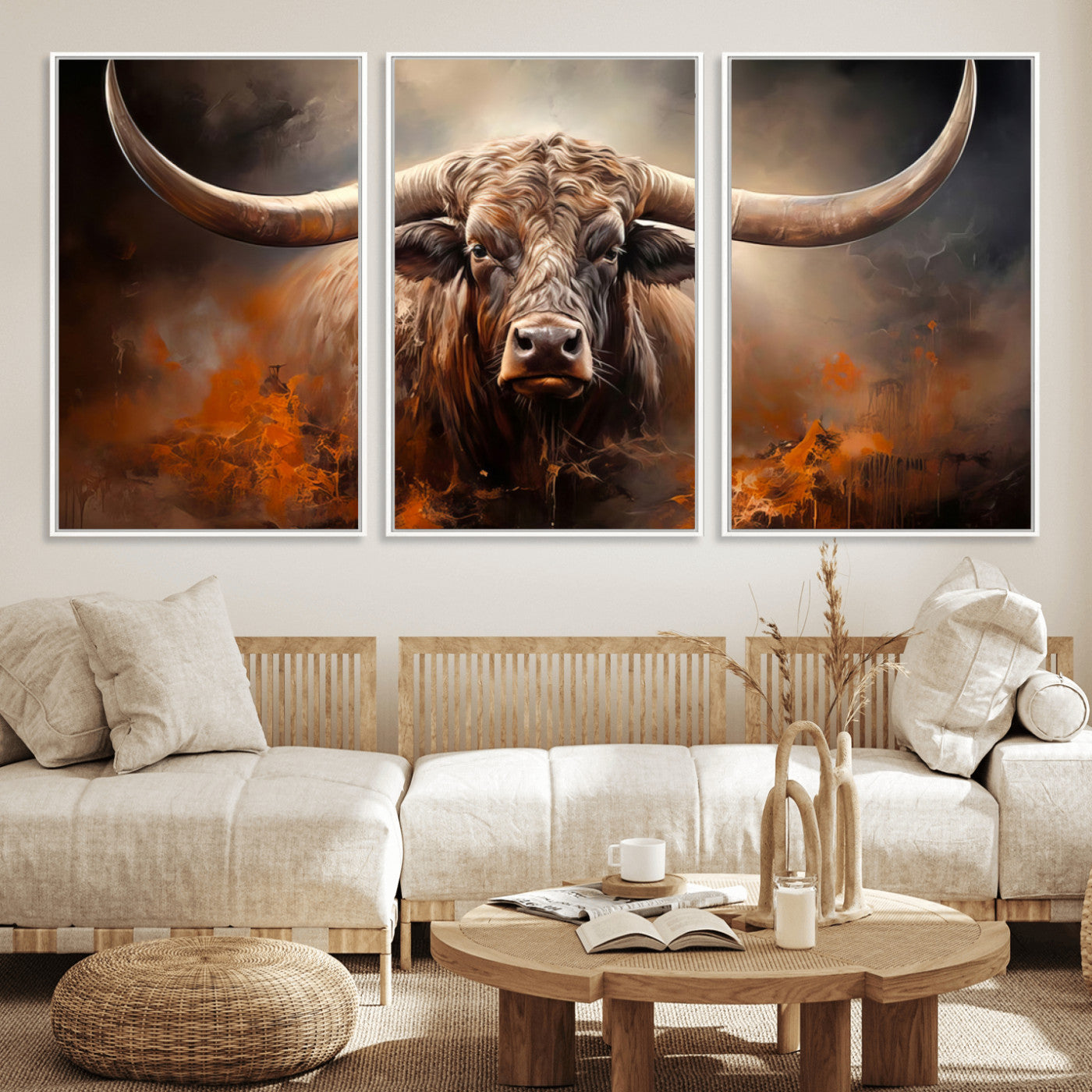 240479-MGV-FC-60X30-3P_White-Highland Bull Canvas Abstract Canvas Wall Art Print – Powerful Highland Bull with Striking Horns in