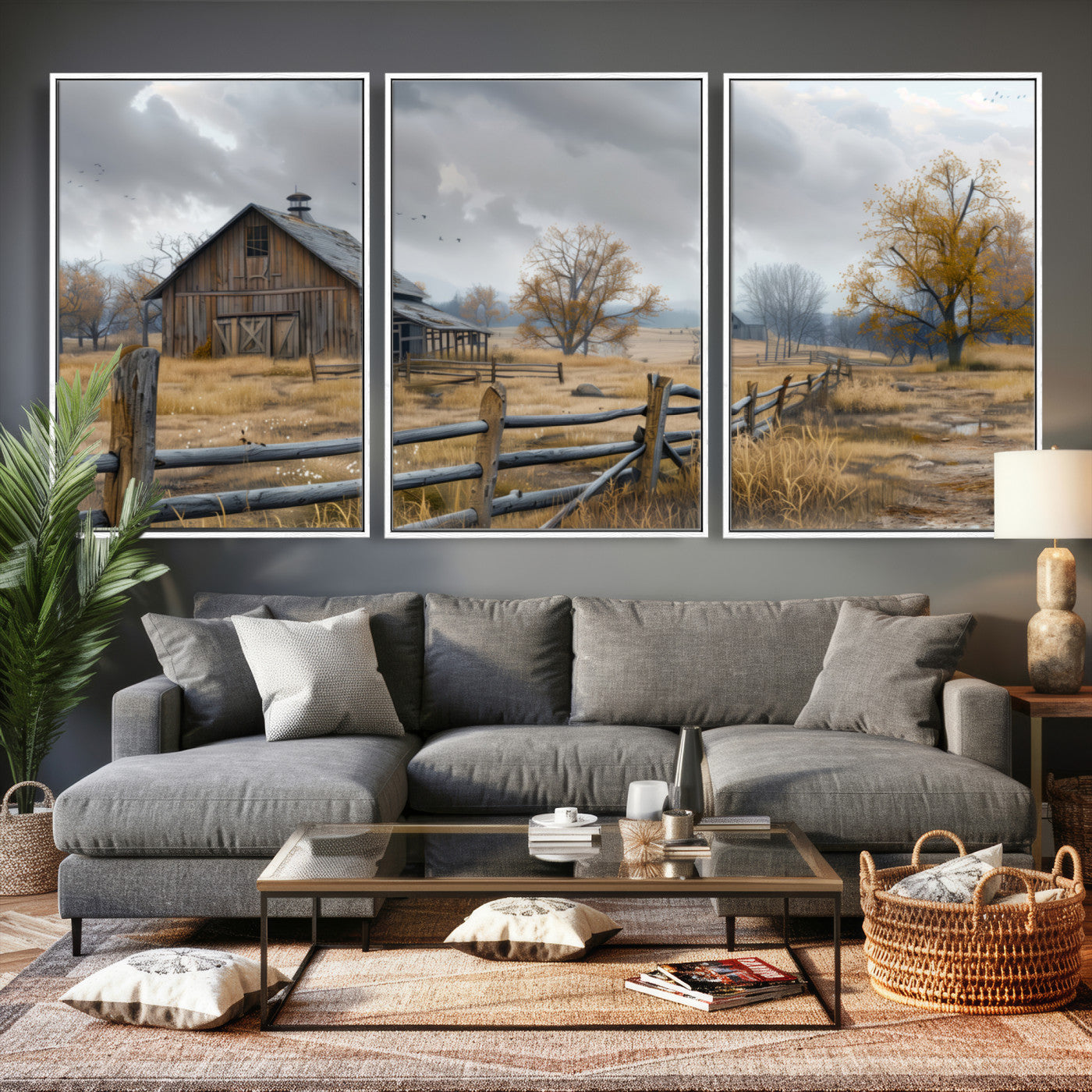 Farm1-MGV-CV-36X24 - Rustic Autumn Farmhouse Wall Art Canvas Print – Serene Countryside Scene with Weathered Barn and
