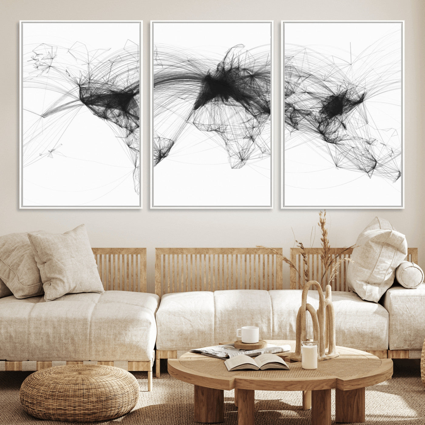 Black-Flight-Routes-MGV-FC-60X30-3P_White-Flight Routes Air Traffic Map Canvas Wall Art - Framed - Ready to Hang