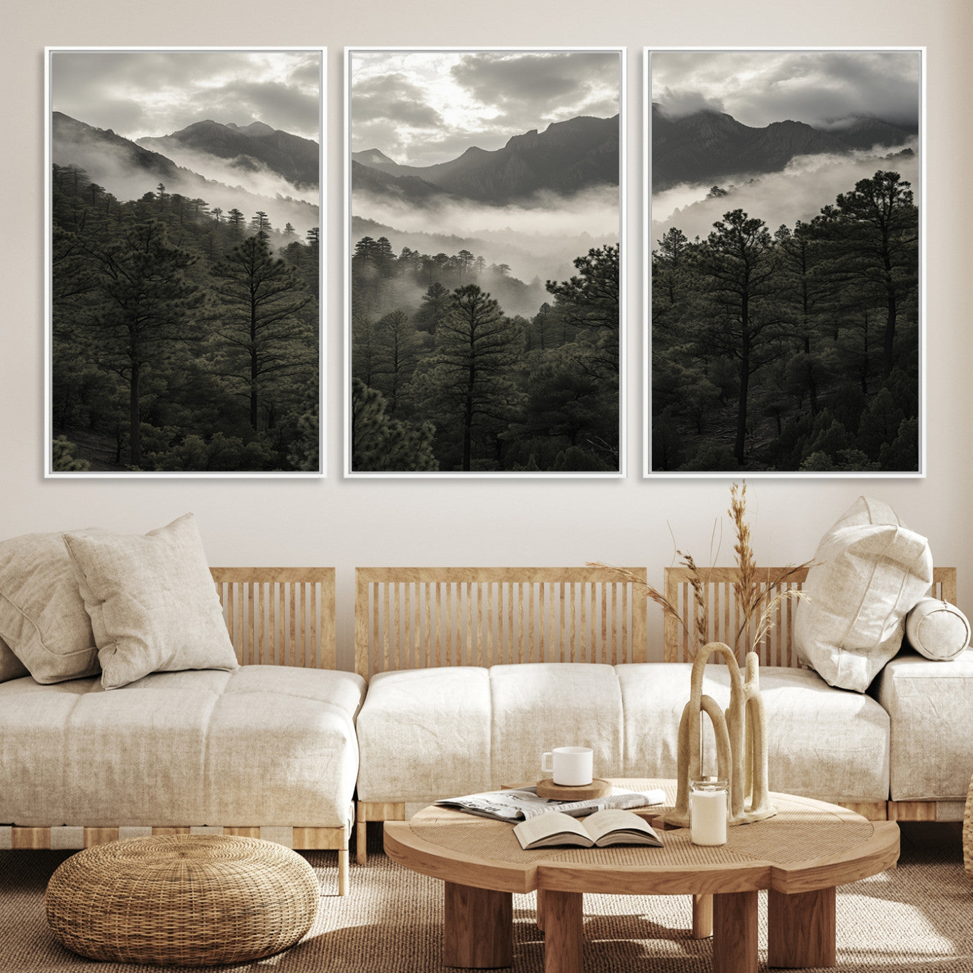 Canvas of moody pine forest and foggy mountain peaks under overcast skies, ideal for calm and rustic woodland-themed home decor.