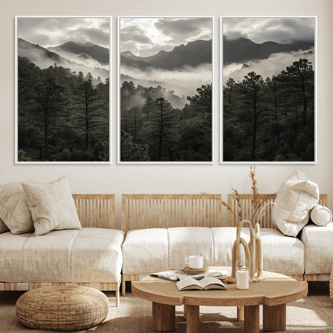 MGV-FC-60X30-3P - Misty Mountain Forest Wall Art – Canvas Print of Cloudy Peaks, Tranquil Pines, Enchanted Landscape, Majestic Nature Decor for Home or Office