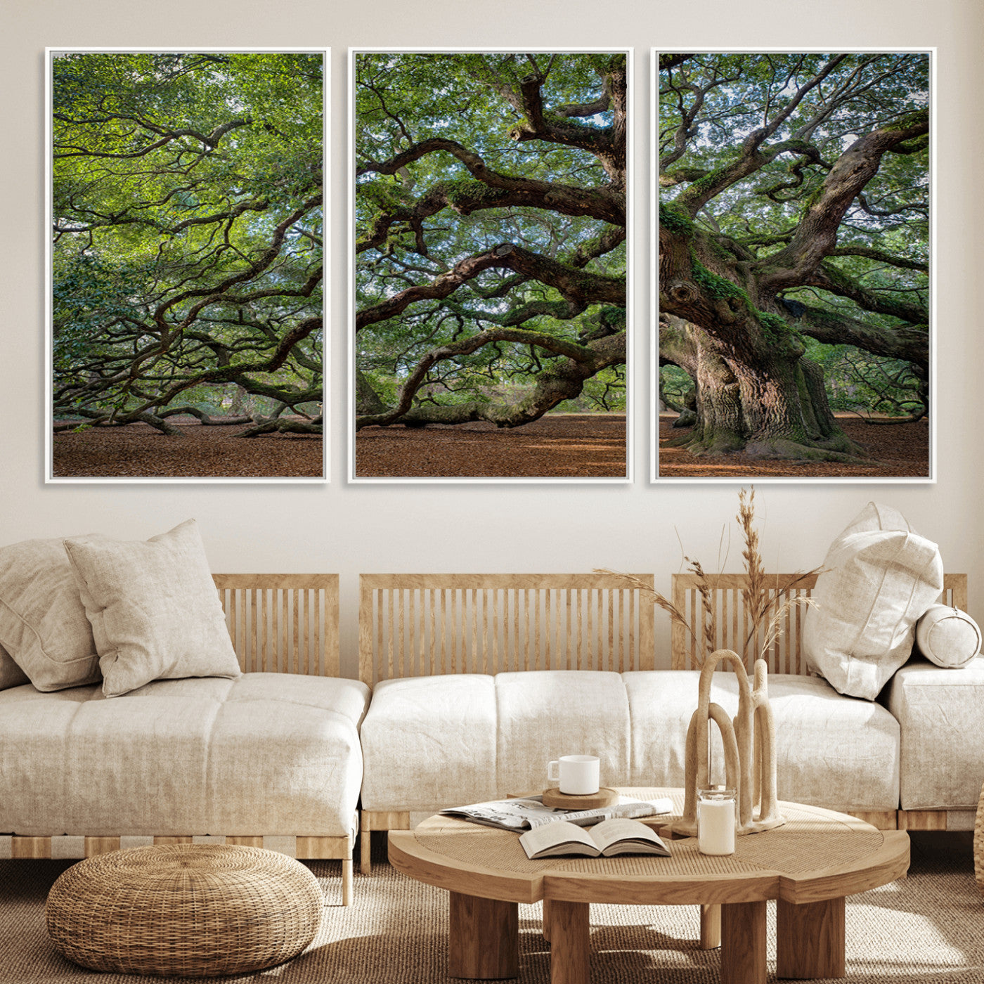 MGV-FC-60X30-3P - Ancient Oak Tree Wall Art – Canvas Print of Expansive Branches Lush Green Canopy, Tranquil Landscape, Majestic Nature Decor for Home or Office
