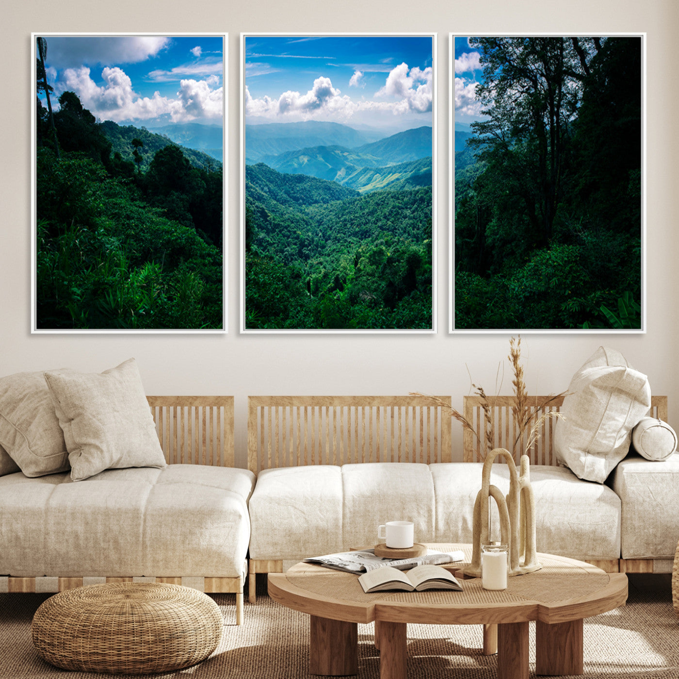 Canvas of a misty tropical jungle with vibrant greenery and layered blue mountains, ideal for exotic nature-themed wall décor.