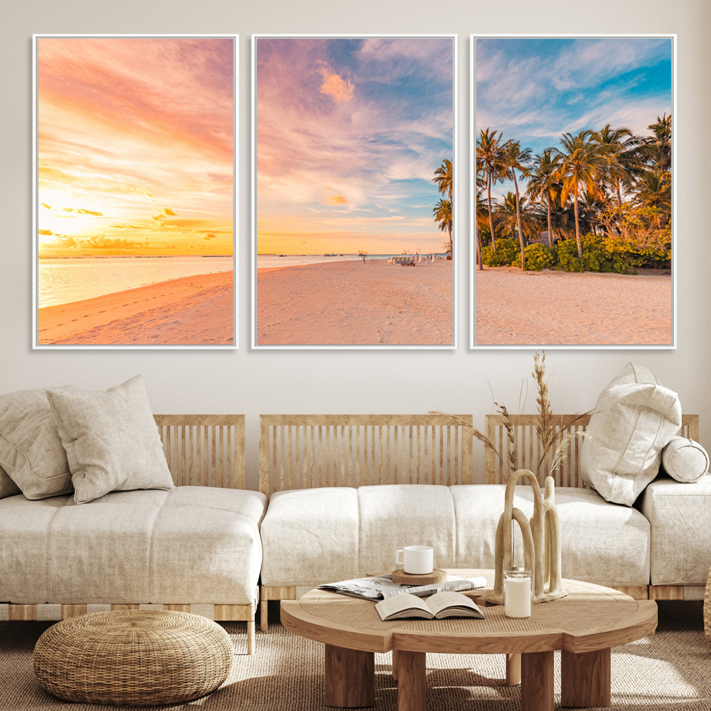 Tropical beach canvas with palm trees and soft sunset tones, ideal for coastal or beach-style home décor in warm pastel hues.