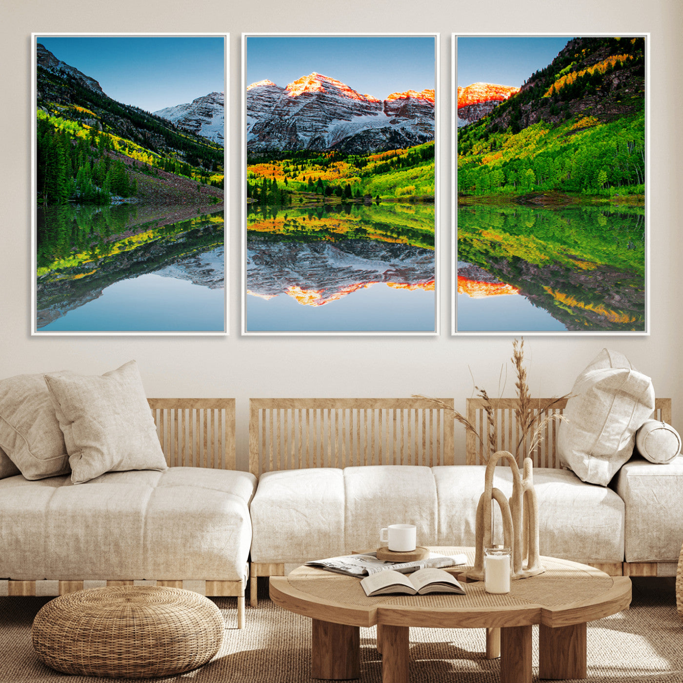 17996974-MGV-FC-60X30-3P_White-Sunrise Maroon Bells Lake Wall Art Canvas Print – Framed Elk Mountains Landscape Artwork for Home, Office