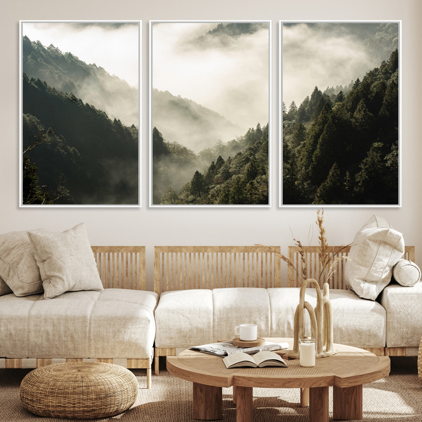 Canvas showing a misty pine forest valley with layered green hills and soft fog, perfect for moody or nature-themed decor styles.