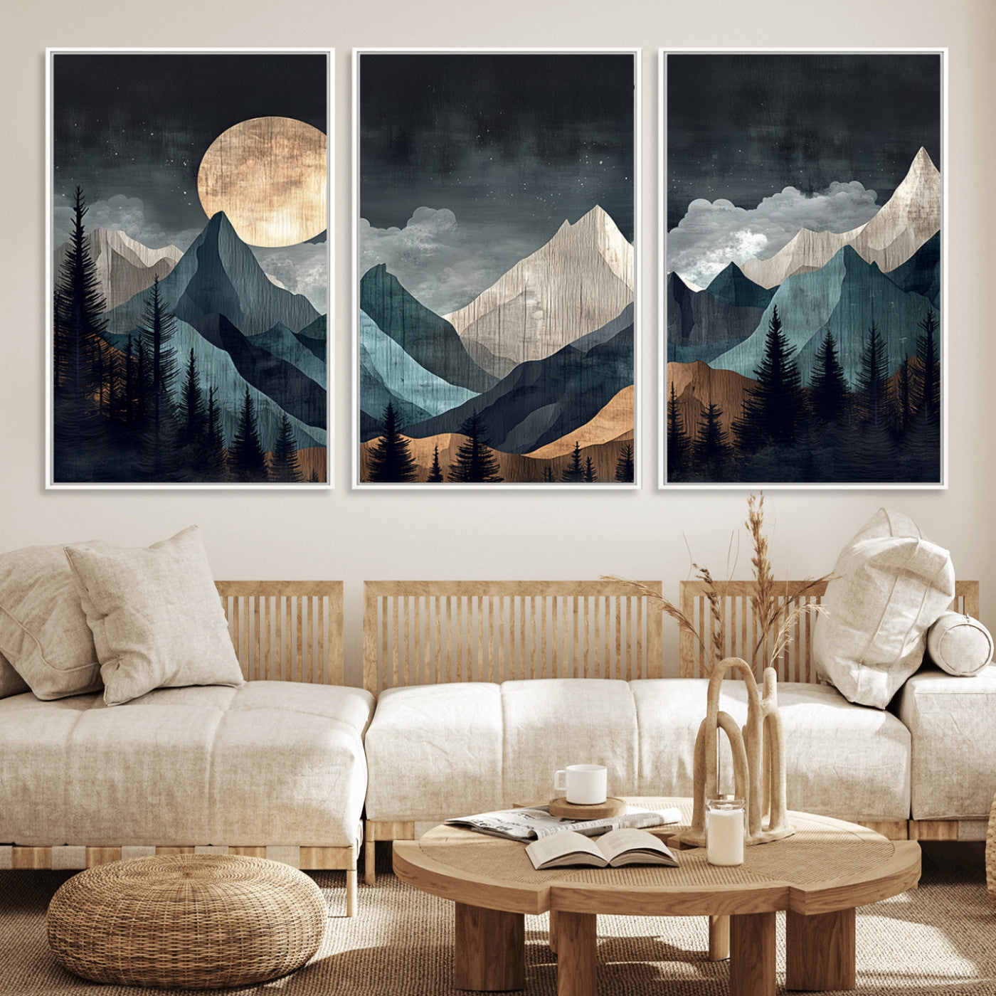 11060882-MGV-FC-60X30-3P_White-Moonlit Mountain Wall Art Canvas Print – Silhouetted Pines Layered Peaks Tranquil Sky Mist Silver Light Nature Artwork for Home
