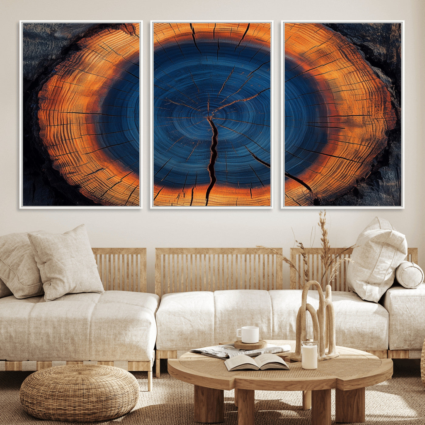 MGV-FC-60X30-3P - Abstract Tree Ring Wall Art Print, Natural Rustic Wood Texture Canvas Print, Framed Tree Ring Printing, Wood Tree Stump Artwork Canvas Print