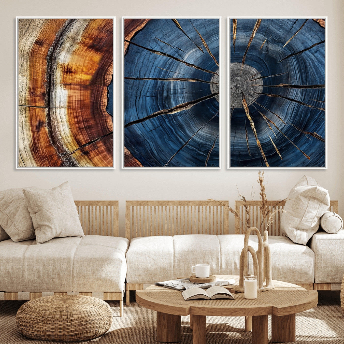 45268471-MGV-FC-60X30-3P_White-Framed Abstract Tree Ring Wall Art Print Natural Rustic Wood Texture Canvas Print Wood Tree Stump Decor Home, Office