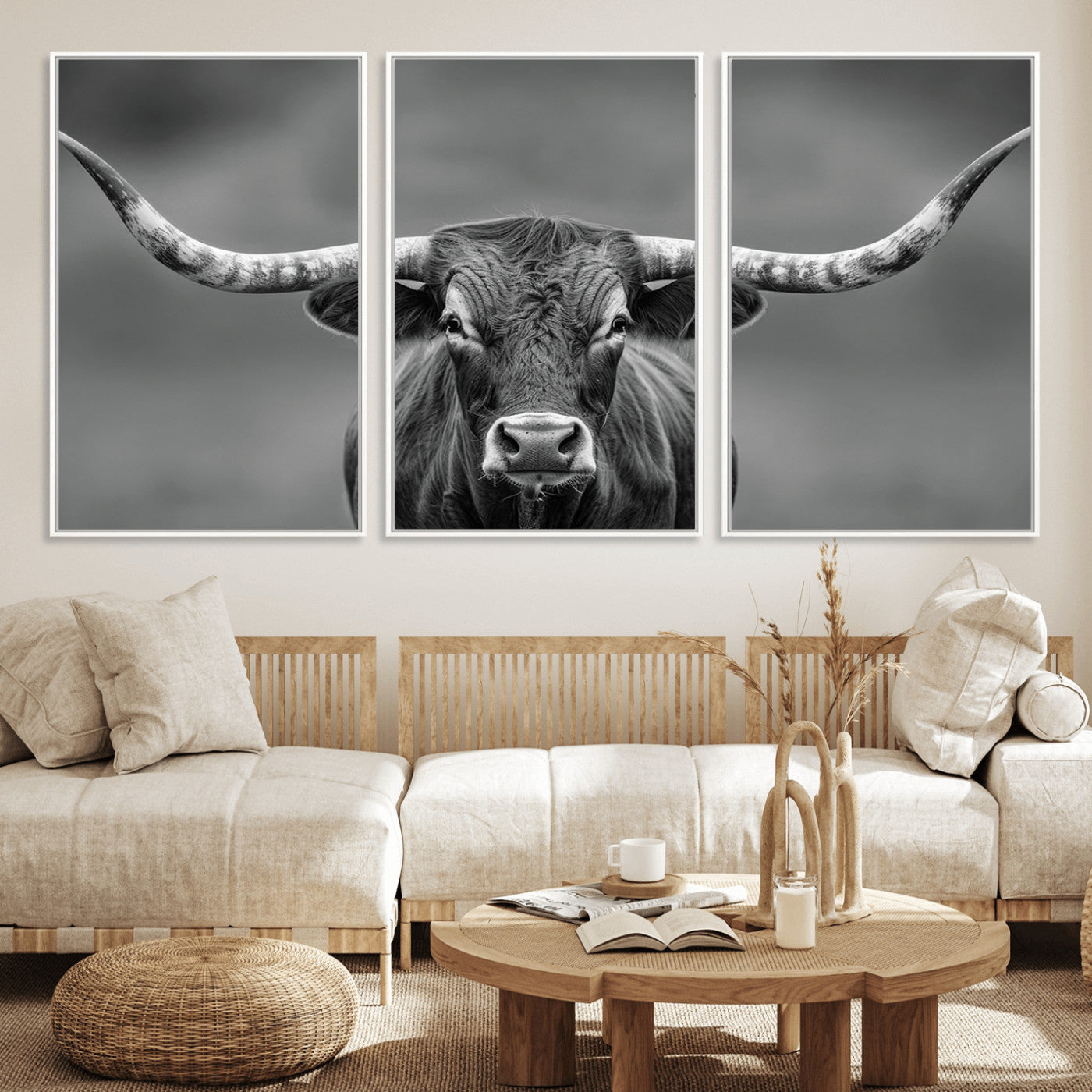 81228550-MGV-CV-36X24-Texas Longhorn Wall Art Canvas Print – Framed Western Bull Ranch Photography Rustic Country Farm Decor Artwork for home, office