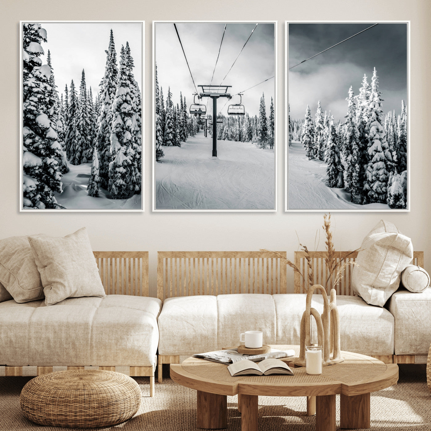 31156828-MGV-FC-60X30-3P_White-Snowy Pines Wall Art Canvas Print – Framed Ski Lift Winter Forest Snowy Landscape Moody Lodge Artwork for Home, Office