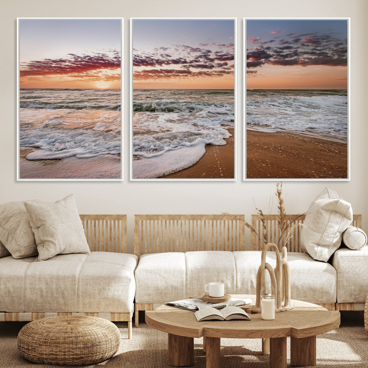 39846389-MGV-CV-36X24-Ocean Sunset Wall Art Canvas Print – Framed Sandy Shore Gentle Waves Coastal Landscape Minimalist Artwork for Home, Office