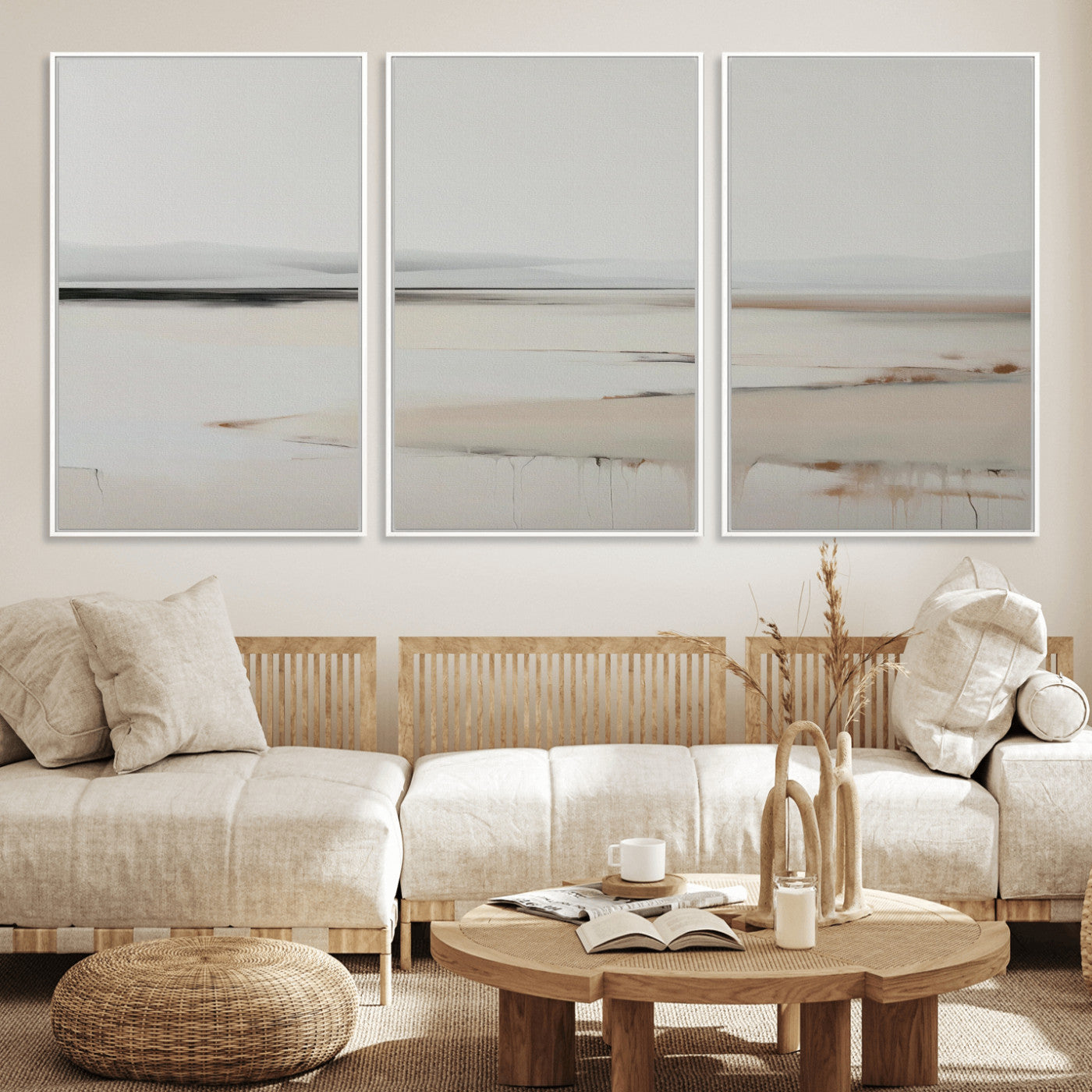 89410095-MGV-FC-60X30-3P_White-Minimalist Landscape Wall Art Canvas Print – Framed Soft Horizon Abstract Seascape Earthy Tones Artwork for Home Office