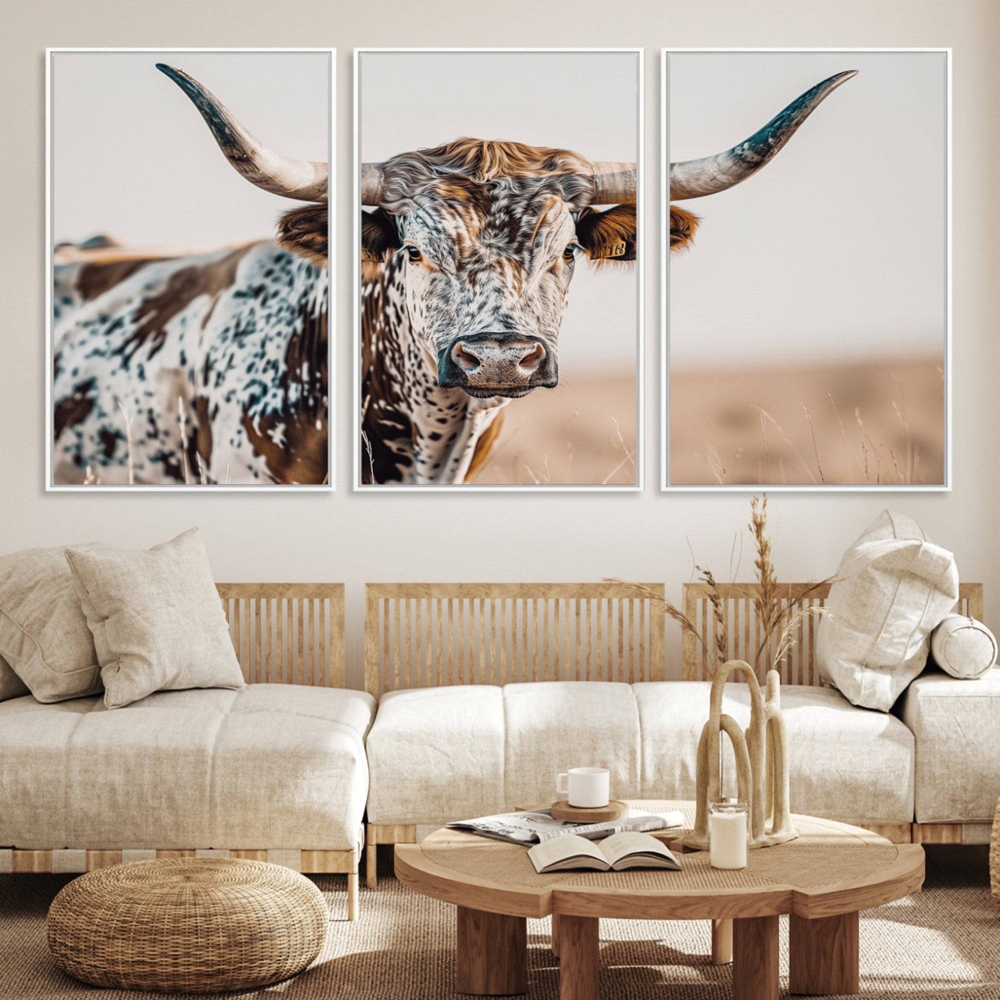 Canvas of a speckled Texas longhorn with wide curved horns and warm tones, perfect for rustic or country-style wall decor.