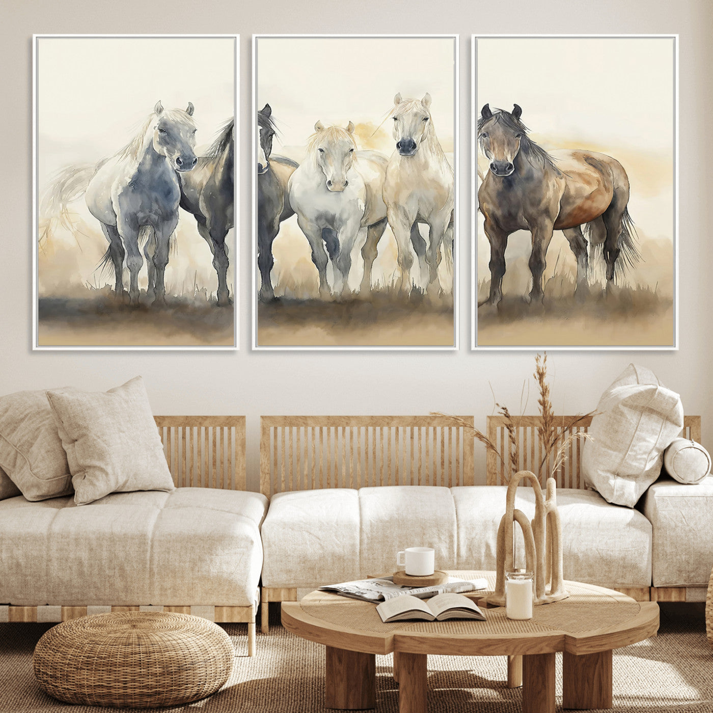 MGV-FC-60X30-3P - Wild Horses Wall Art Canvas Print, Framed Running Horses Art Picture Print, Watercolor Horses Perfect Rustic Western Decor Artwork