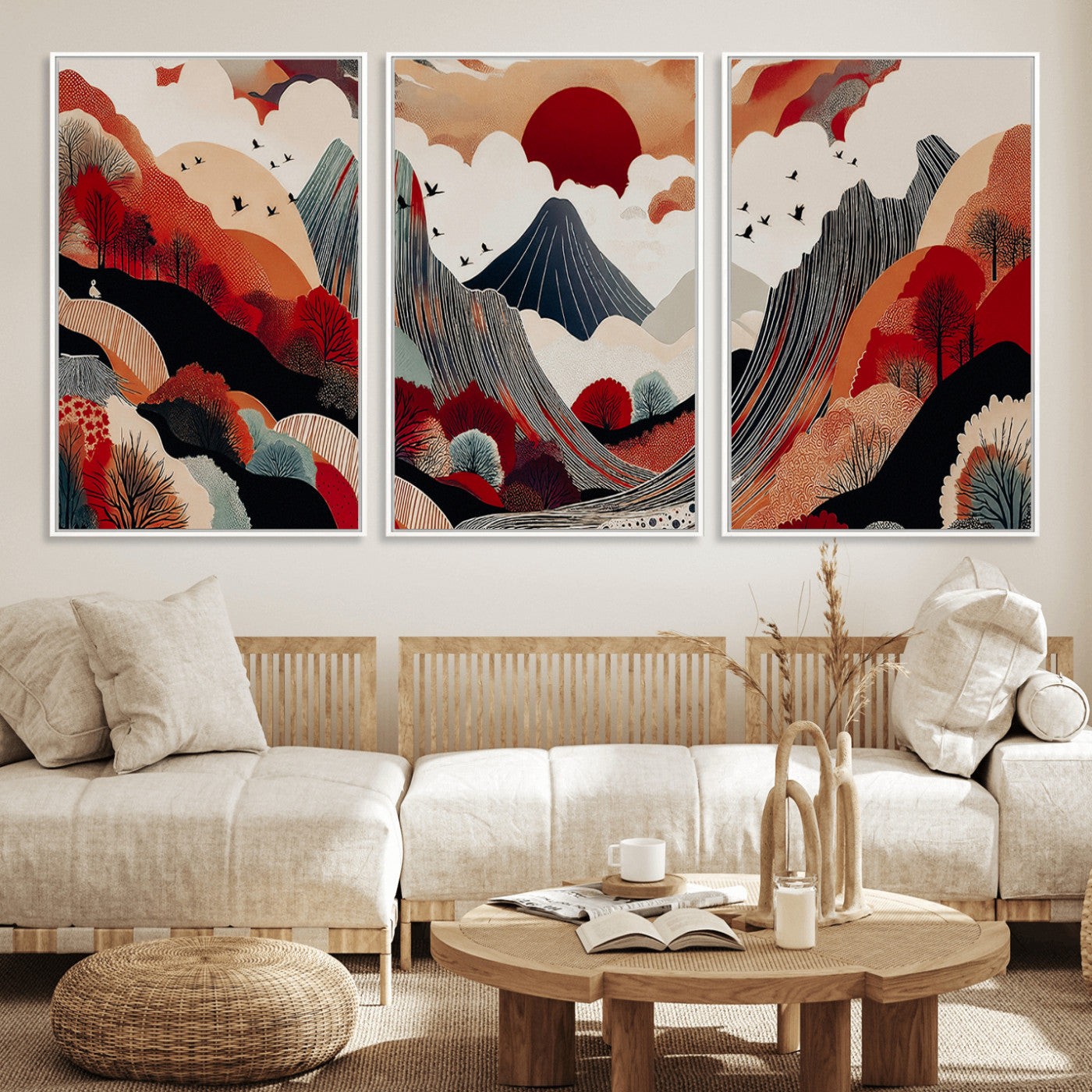 49034575-MGV-FC-60X30-3P_White-Abstract Mountain Wall Art Canvas Print, Framed Vibrant Landscape Art Picture Print, Stylized Nature Drawing Perfect Contemporary Minimalist Decor Artwork