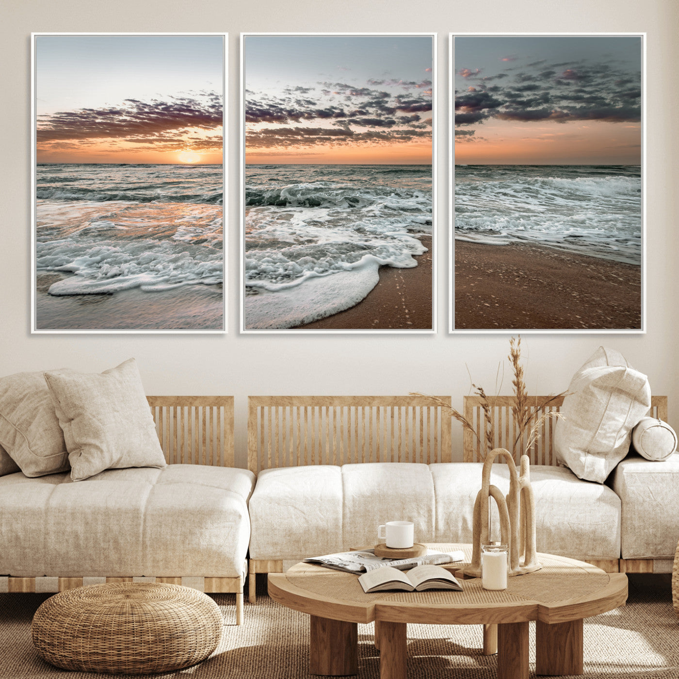 40632752-MGV-FC-60X30-3P_White-Ocean Sunset Wall Art Canvas Print – Framed Beach Waves Scene with Coastal Artwork for Home, Office, Living Room