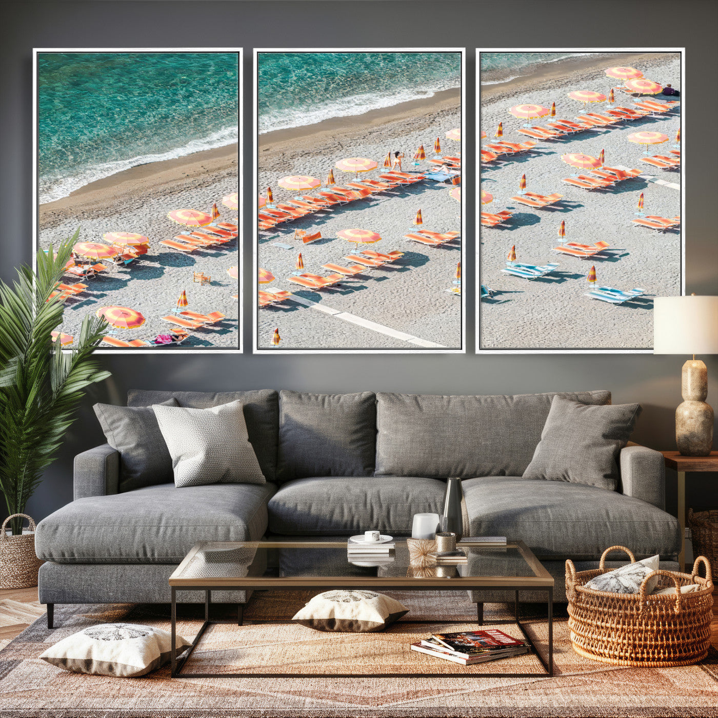 27805351-MGV-CV-36X24 - Beach Umbrellas Wall Art – Orange Loungers & Turquoise Water Canvas Print, Sandy Shore and Summer Vibes