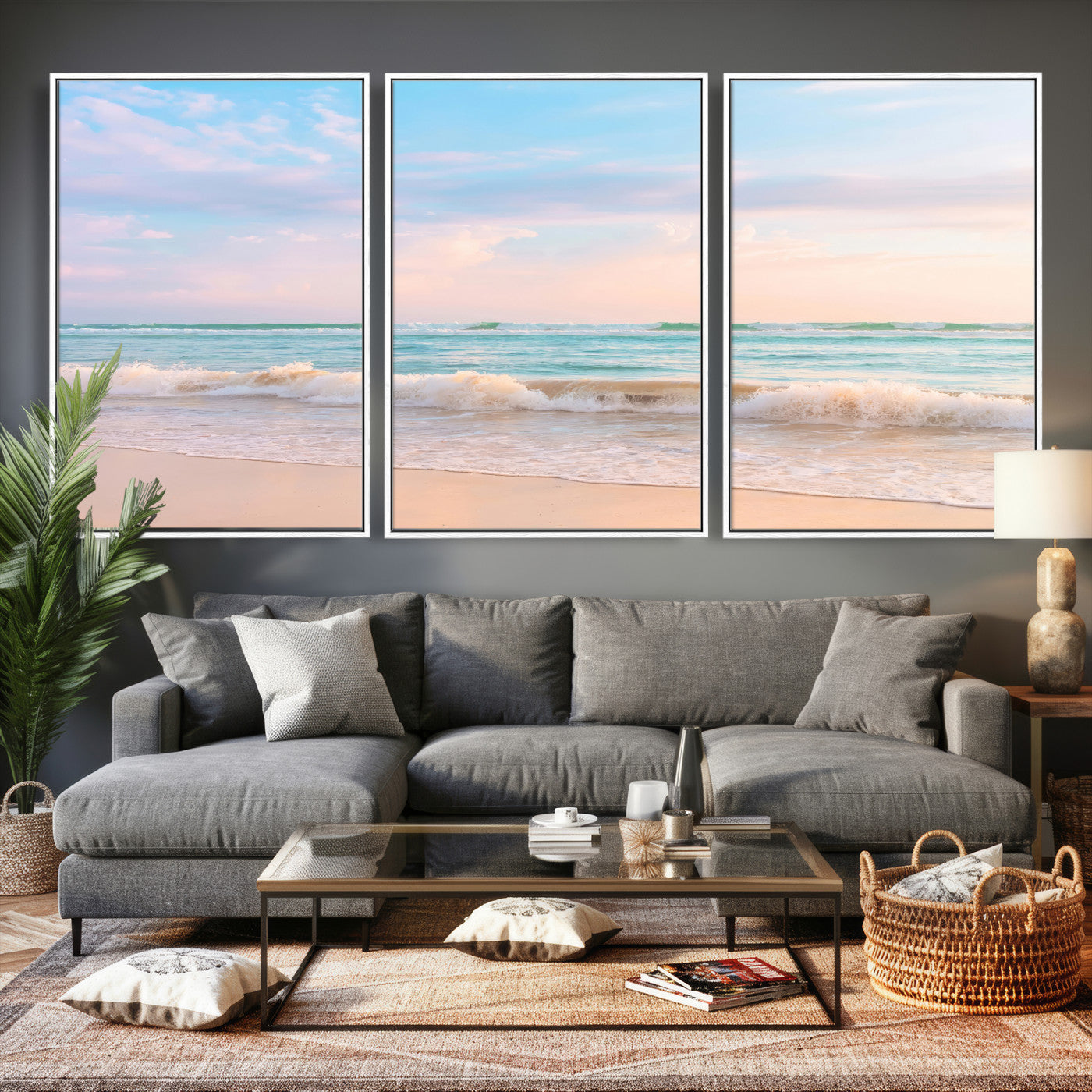 74679437-MGV-CV-36X24 - Serene Waves Wall Art – Golden Shore & Soft Pastel Sky Canvas Print, Gentle Ocean and Peaceful Sunset for Living Room or Office