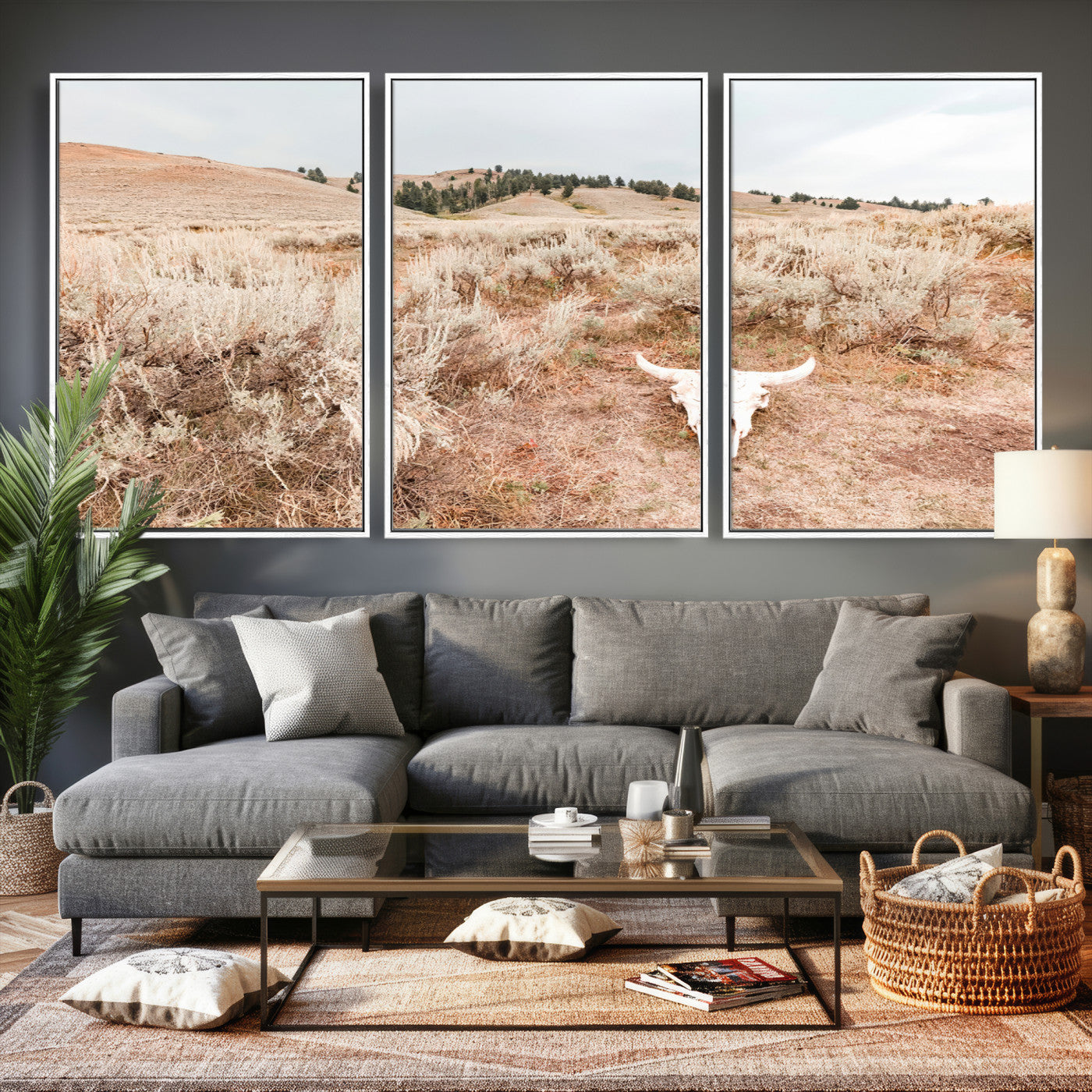 97234735-MGV-CV-36X24 - Desert Skull Wall Art – Arid Landscape & Sagebrush Canvas Print, Rustic Nature and Earth Tones for Living Room or Minimalist Decor