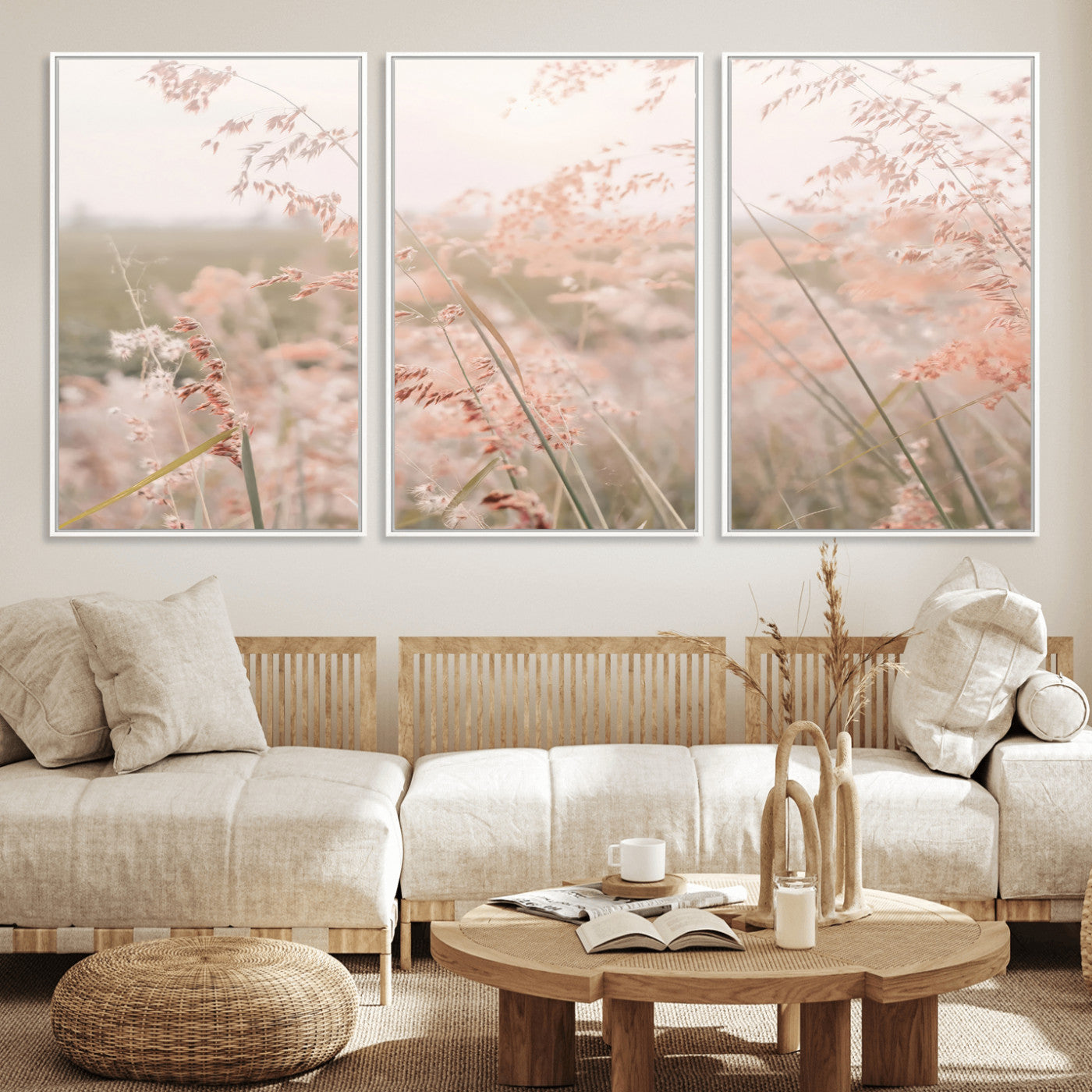 -Pastel Grasses Wall Art Canvas Print, Framed Soft Meadow Art Picture Print, Field in Breeze Perfect Soft Pastel Minimal Decor Artwork