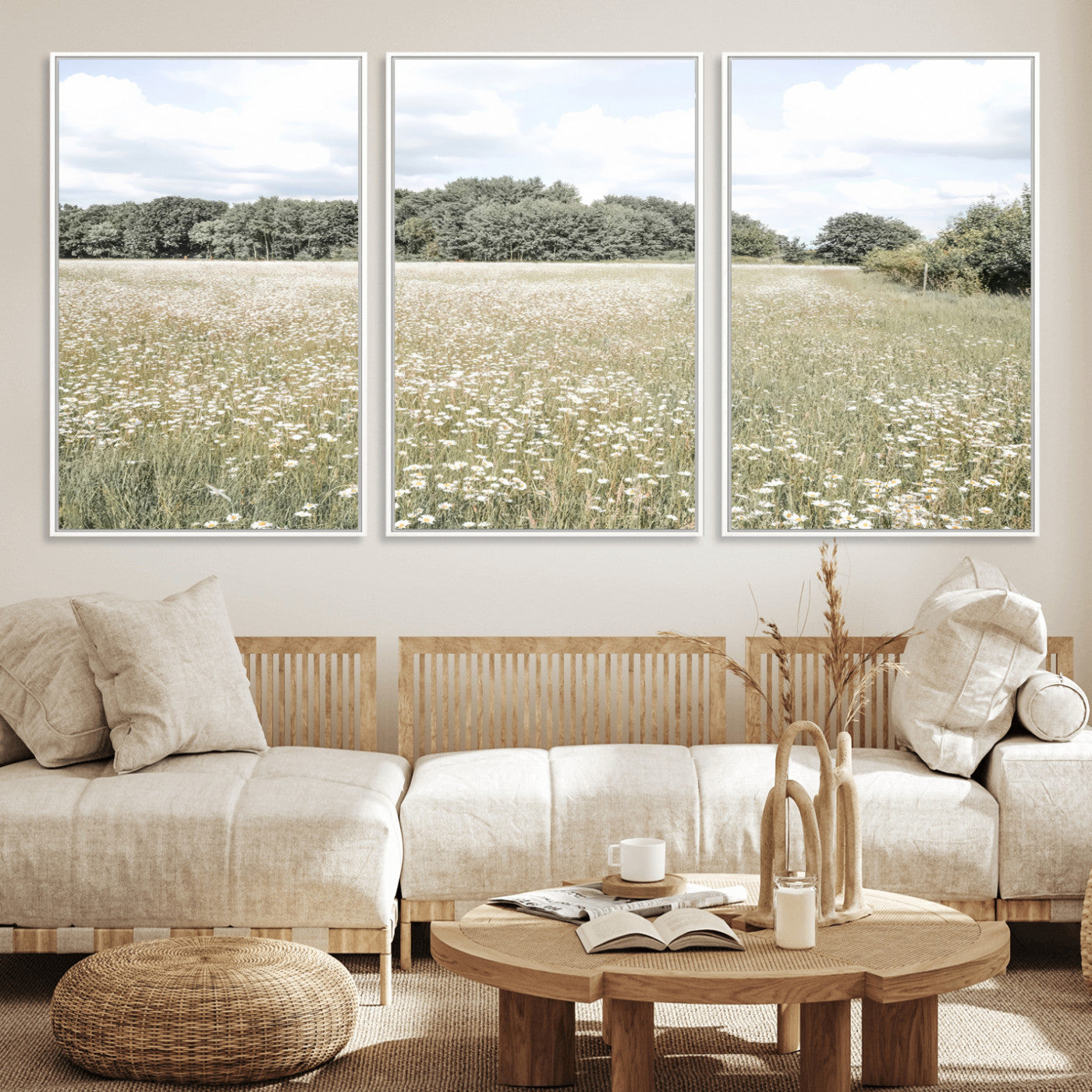 43258946-MGV-CV-36X24-Charming Daisy Field Wall Art Canvas Print – Framed Pastel Flower Meadow Bloom Scandinavian Minimal Artwork for Home Office