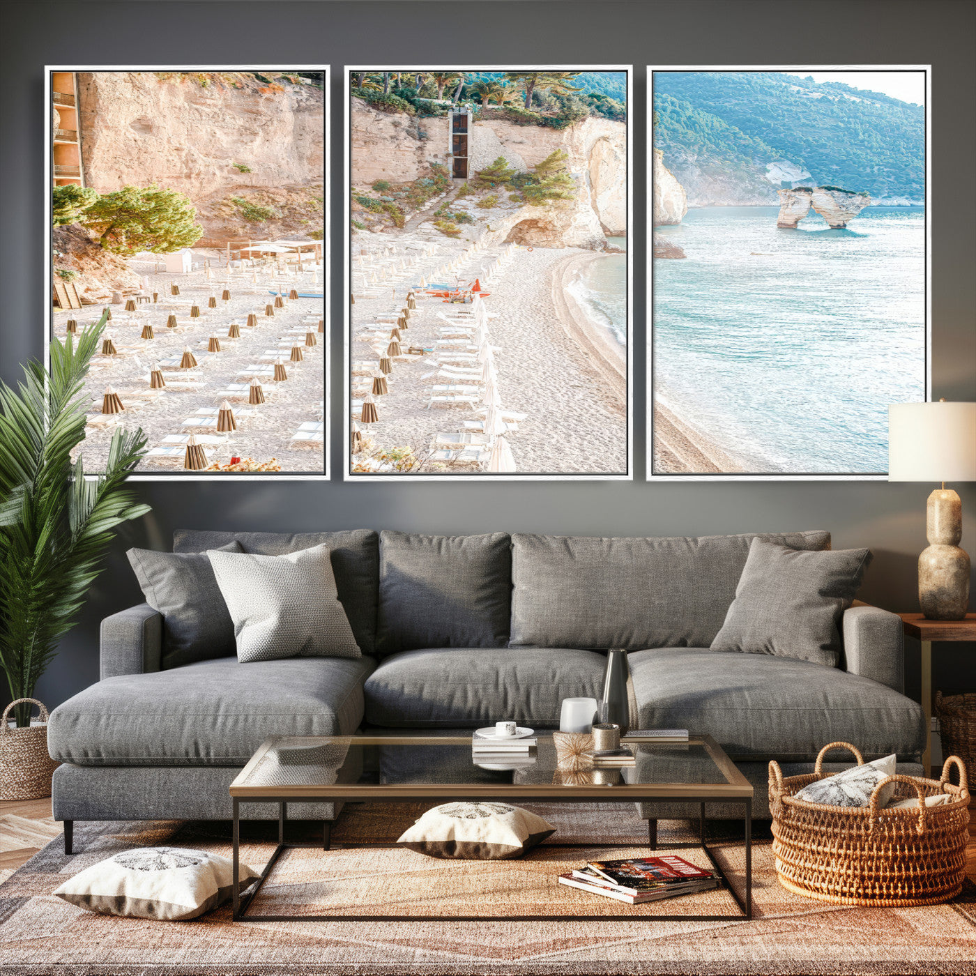 84816639-MGV-CV-36X24 - Sunny Beach Wall Art – Chairs & Umbrellas Canvas Print, Clear Water, Rocky Cliffs, Coastal Calm for Living Room or Vacation Home Decor