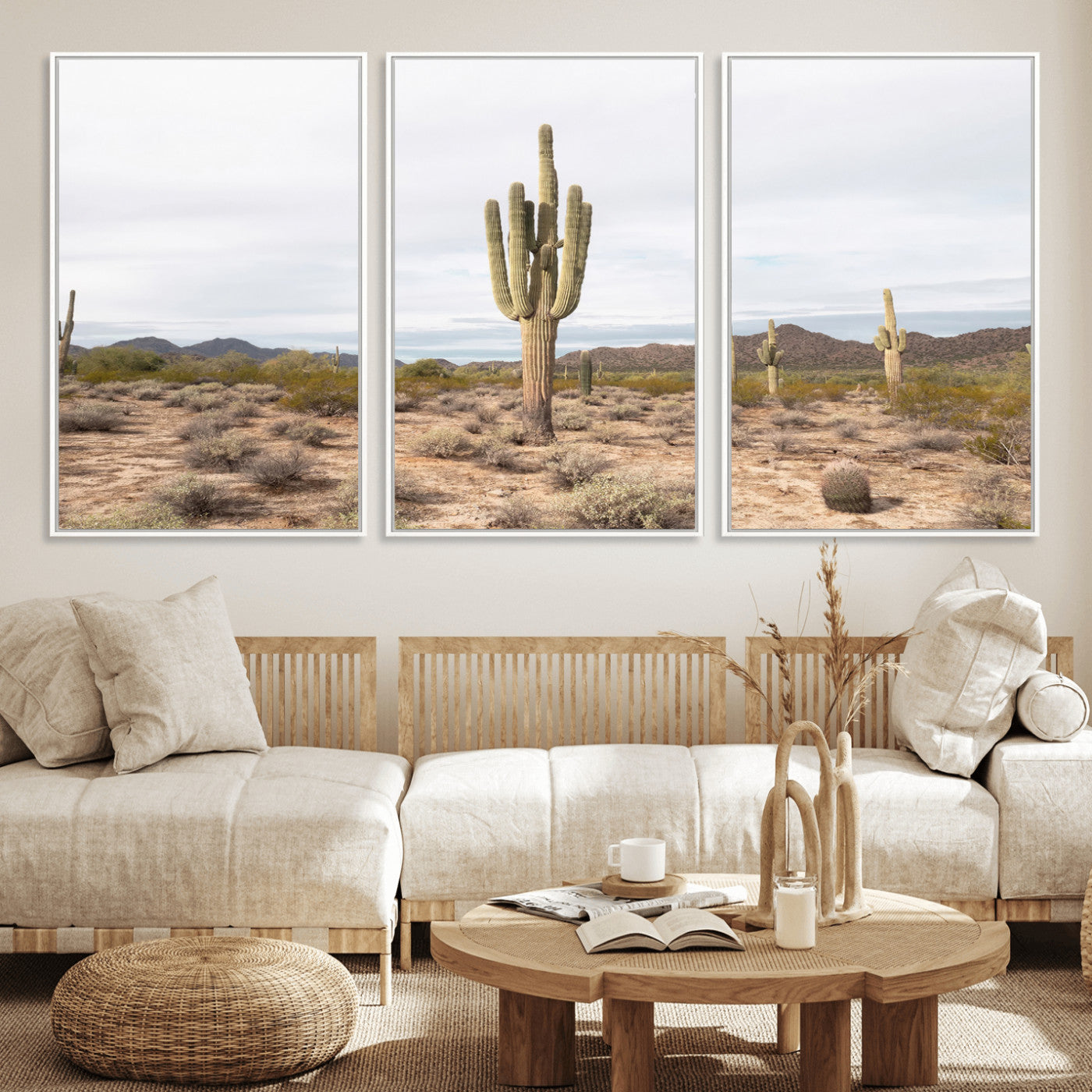 MGV-FC-60X30-3P - Saguaro Cactus Wall Art Canvas Print, Framed Desert Cactus Art Picture Print, Earthy Desert Perfect Southwestern Boho Decor Artwork