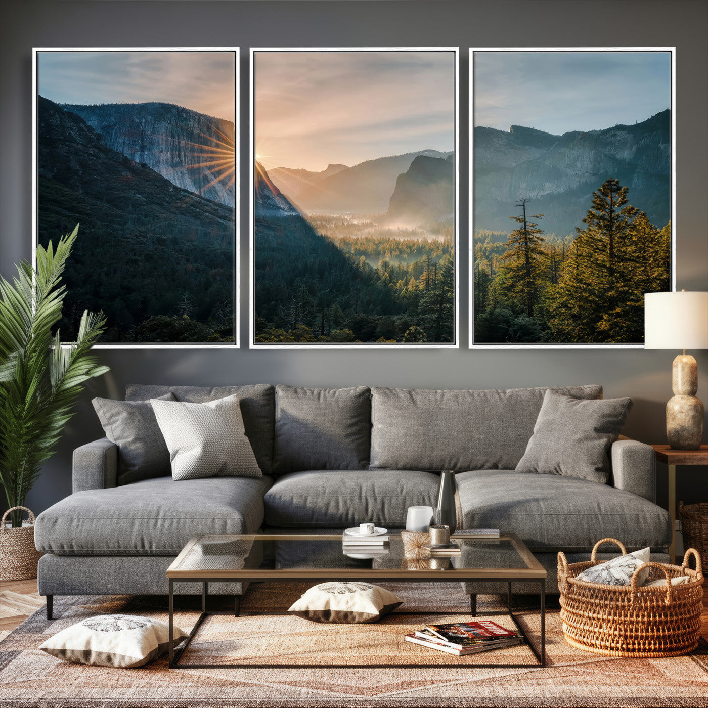 51605481-MGV-CV-36X24 - Yosemite Valley Wall Art – Misty Forest Peaks Canvas Print, Radiant Light, Tranquil Nature Landscape for Living Room or Cabin Decor