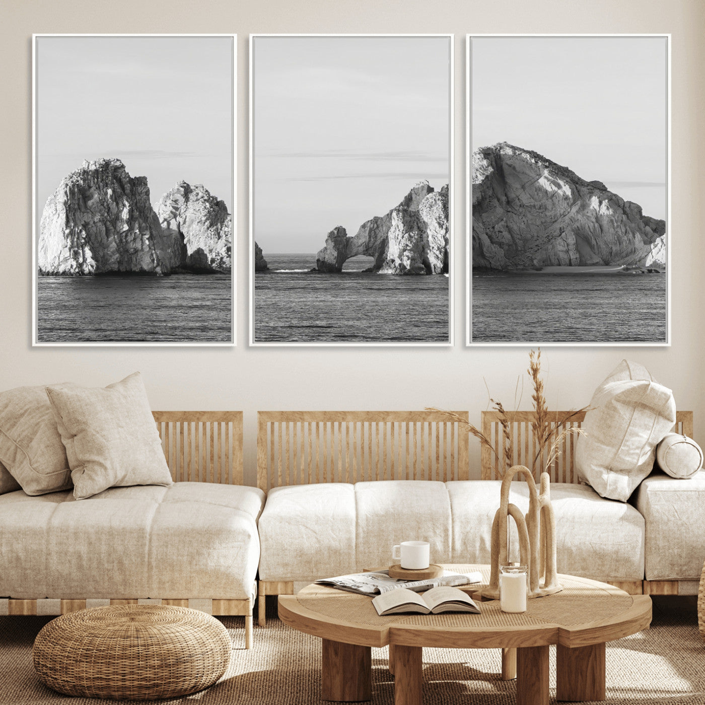 MGV-FC-60X30-3P - Rugged Coastline Wall Art Canvas Print, Framed Ocean Cliffs Art Picture Print, Monochrome Seascape Perfect Coastal Minimalist Decor Artwork