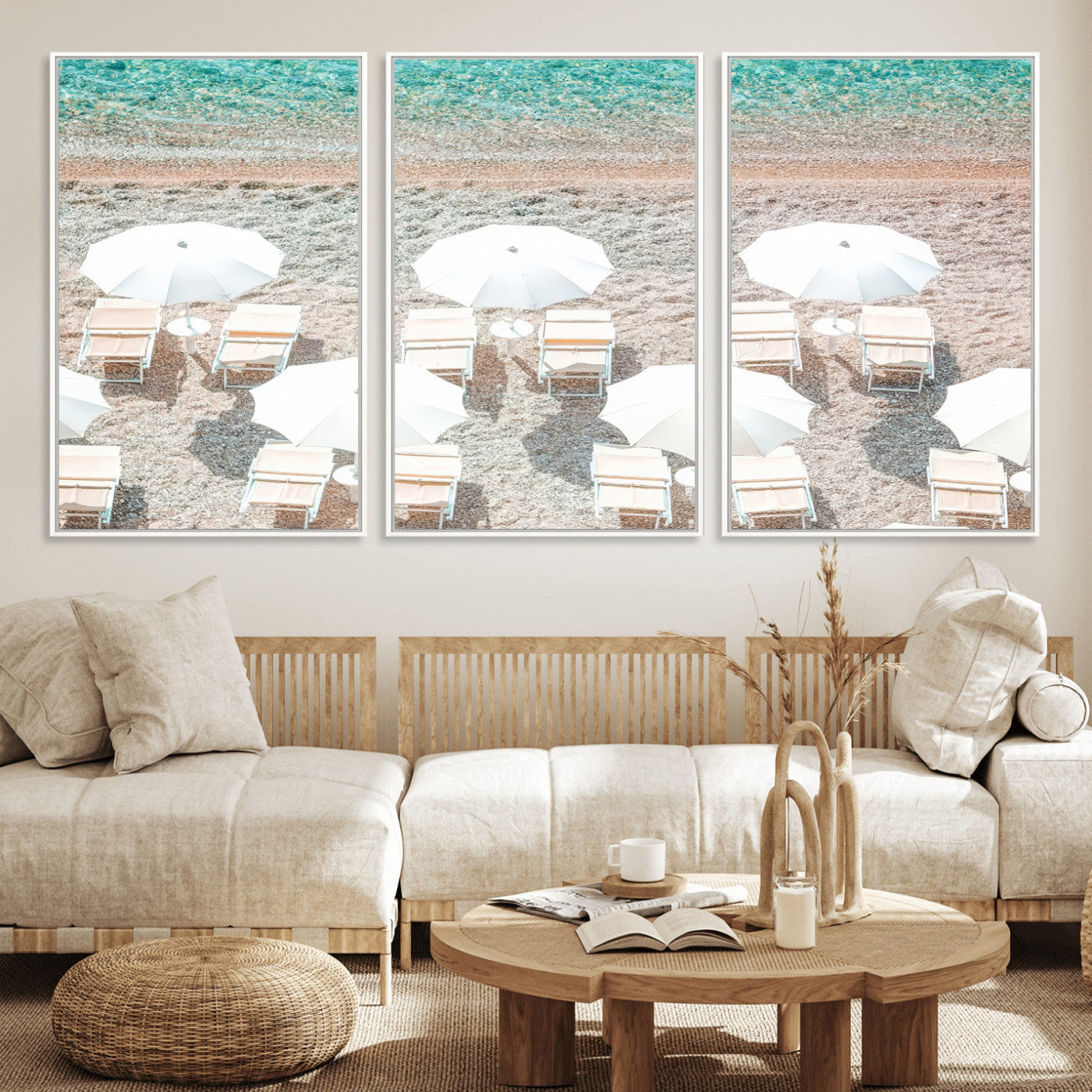 MGV-FC-60X30-3P - Calm Beach Wall Art Canvas Print, Framed Turquoise Water Art Picture Print, Umbrella Shoreline Perfect Coastal Minimalist Decor Artwork