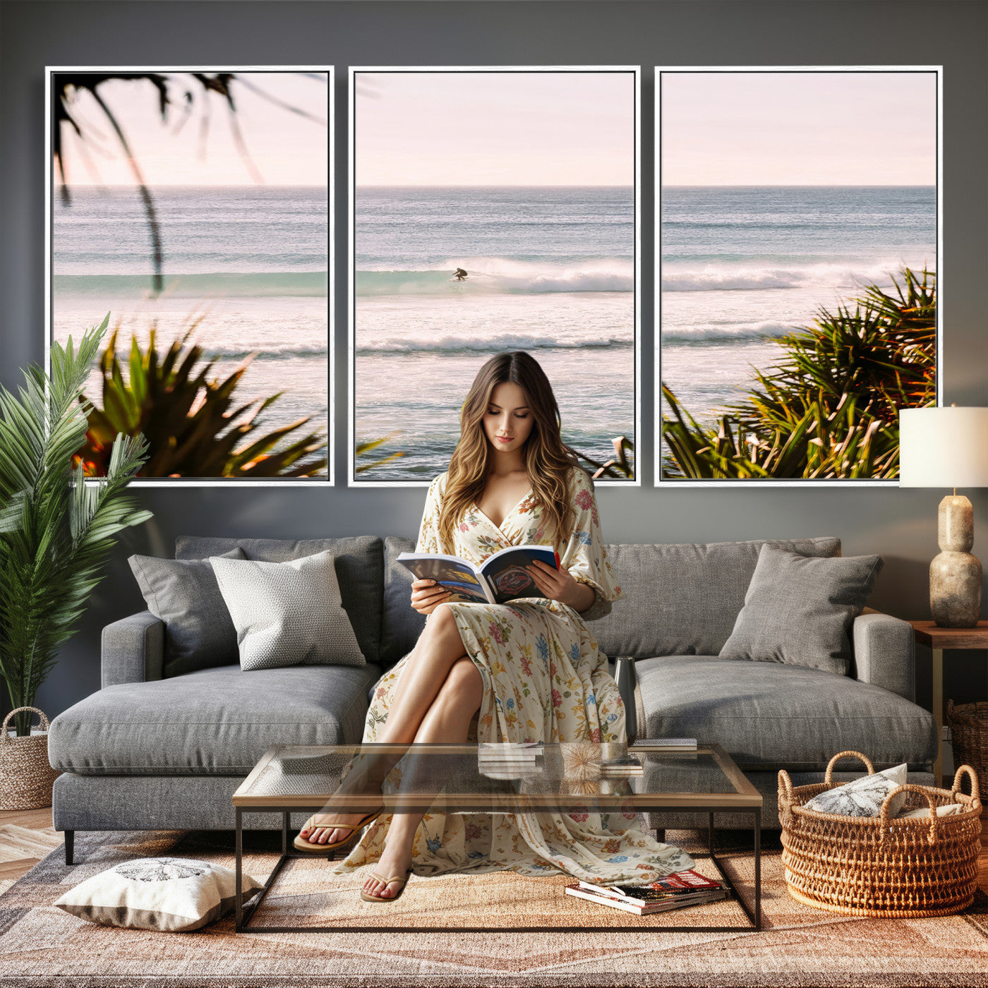 23287092-MGV-CV-36X24 - Ocean Surfer Wall Art Canvas Print | Framed Coastal Surf Art Picture Tropical Beach Artwork for Home Office