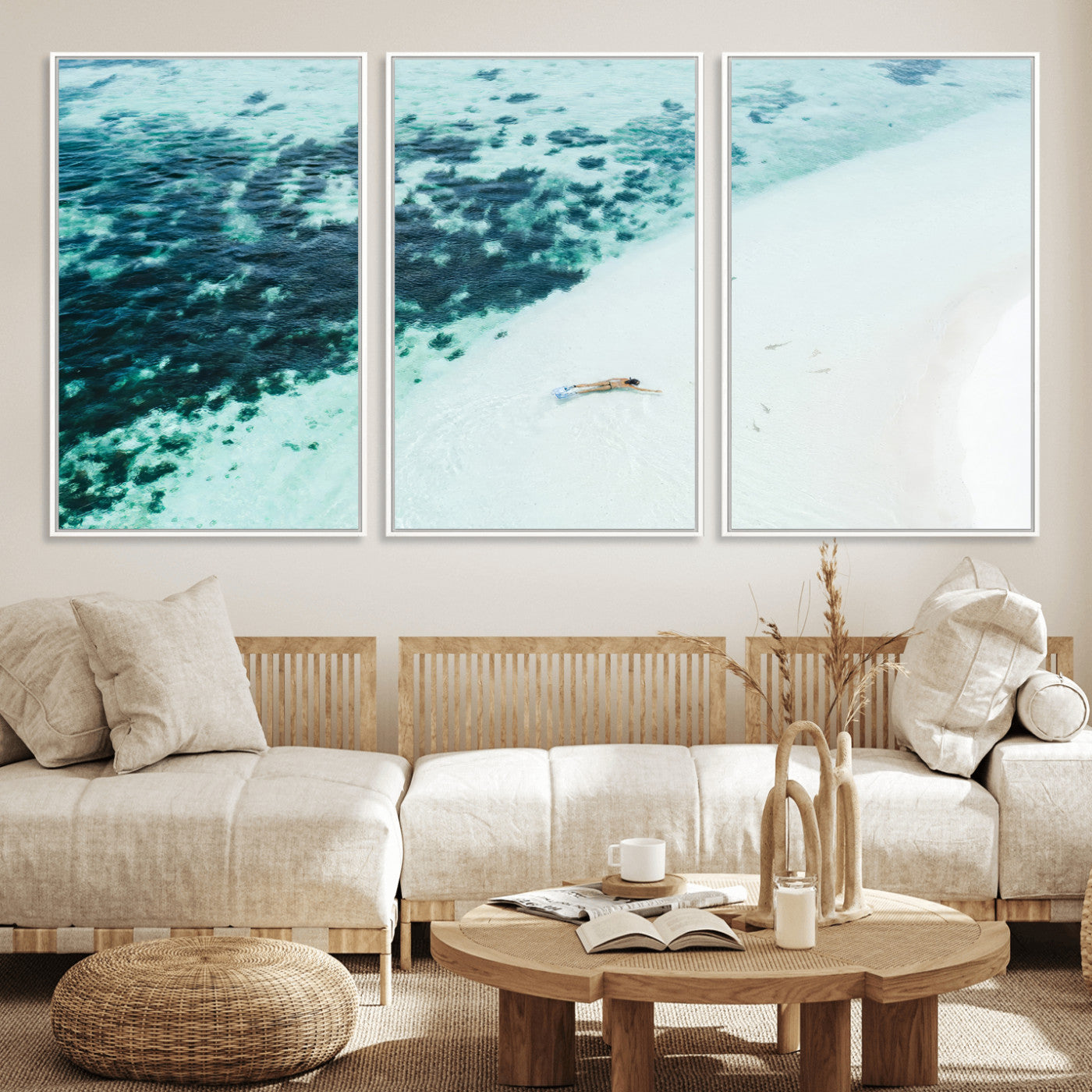 33764764-MGV-FC-60X30-3P_White-Minimal Beach Wall Art – Framed Ocean Swimming Canvas Artwork, Clear Blue Sea Design, Modern Coastal Decor for Home, Office