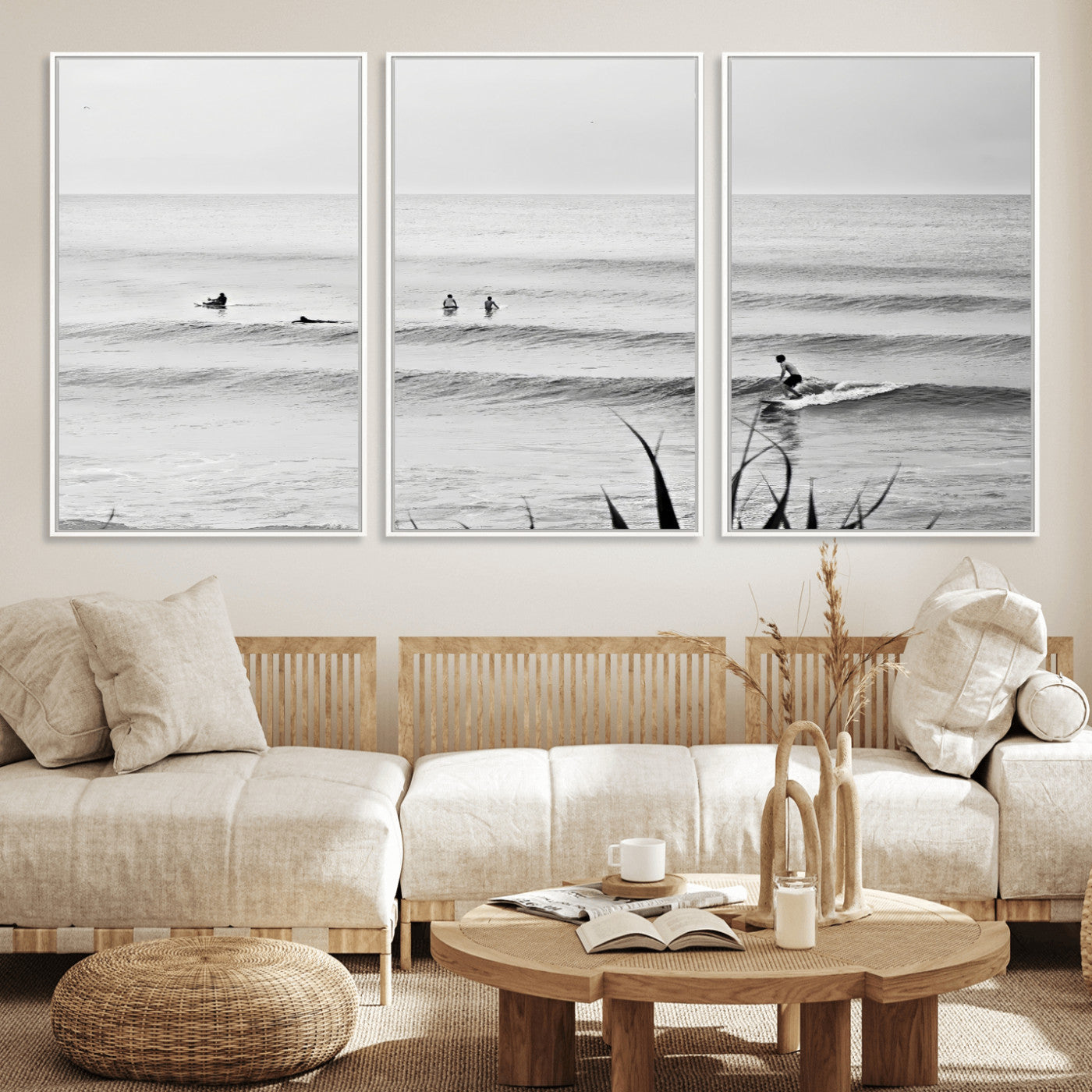 33821421-MGV-FC-60X30-3P_White-Surfer Silhouette Wall Art – Framed Calm Ocean Canvas Artwork, Monochrome Minimal Design, Modern Coastal Decor for Home, Office