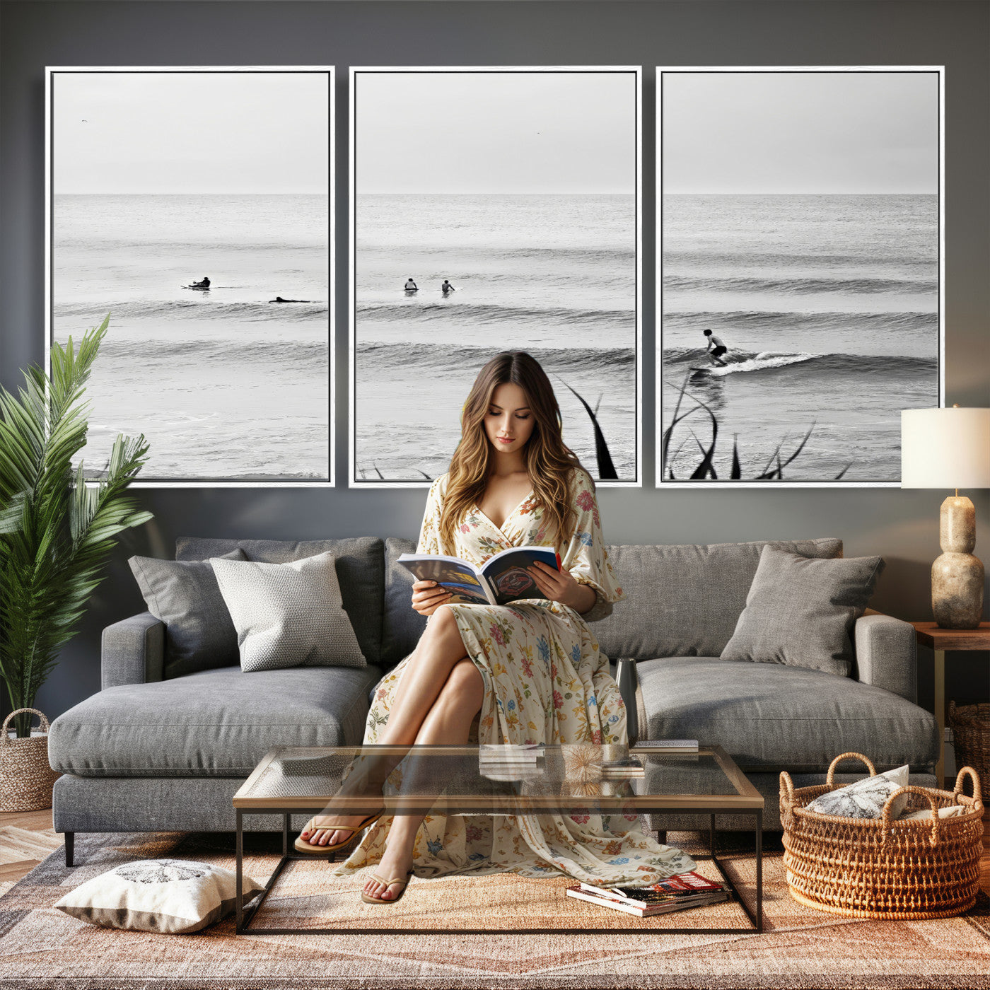 33821421-MGV-CV-36X24 - Surfer Silhouette Wall Art Canvas Print, Framed Calm Ocean Art Picture Print, Monochrome Surf Minimalist Coastal Decor Artwor