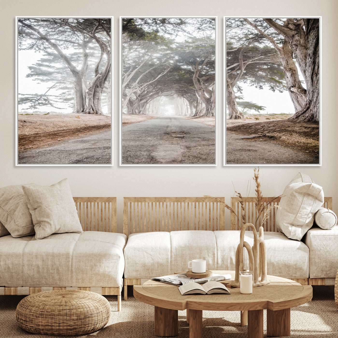 87090469-MGV-CV-36X24-Cypress Tunnel Wall Art – Framed Misty Road Canvas Artwork, Foggy Trees Design, Rustic Woodland Nature Decor for Home, Office