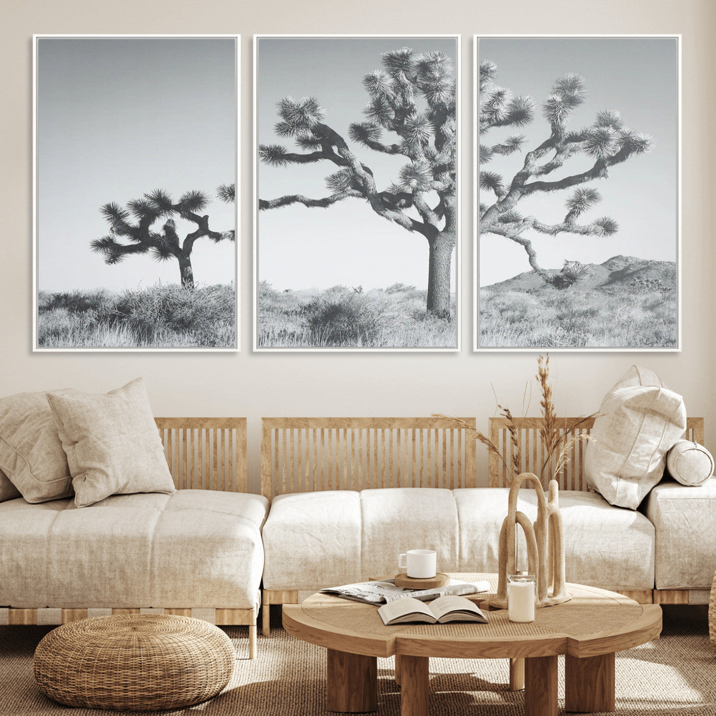 29996209-MGV-FC-60X30-3P_White-Joshua Tree Wall Art Canvas Print – Framed Black White Desert Landscape Southwestern Nature Artwork for Home Office