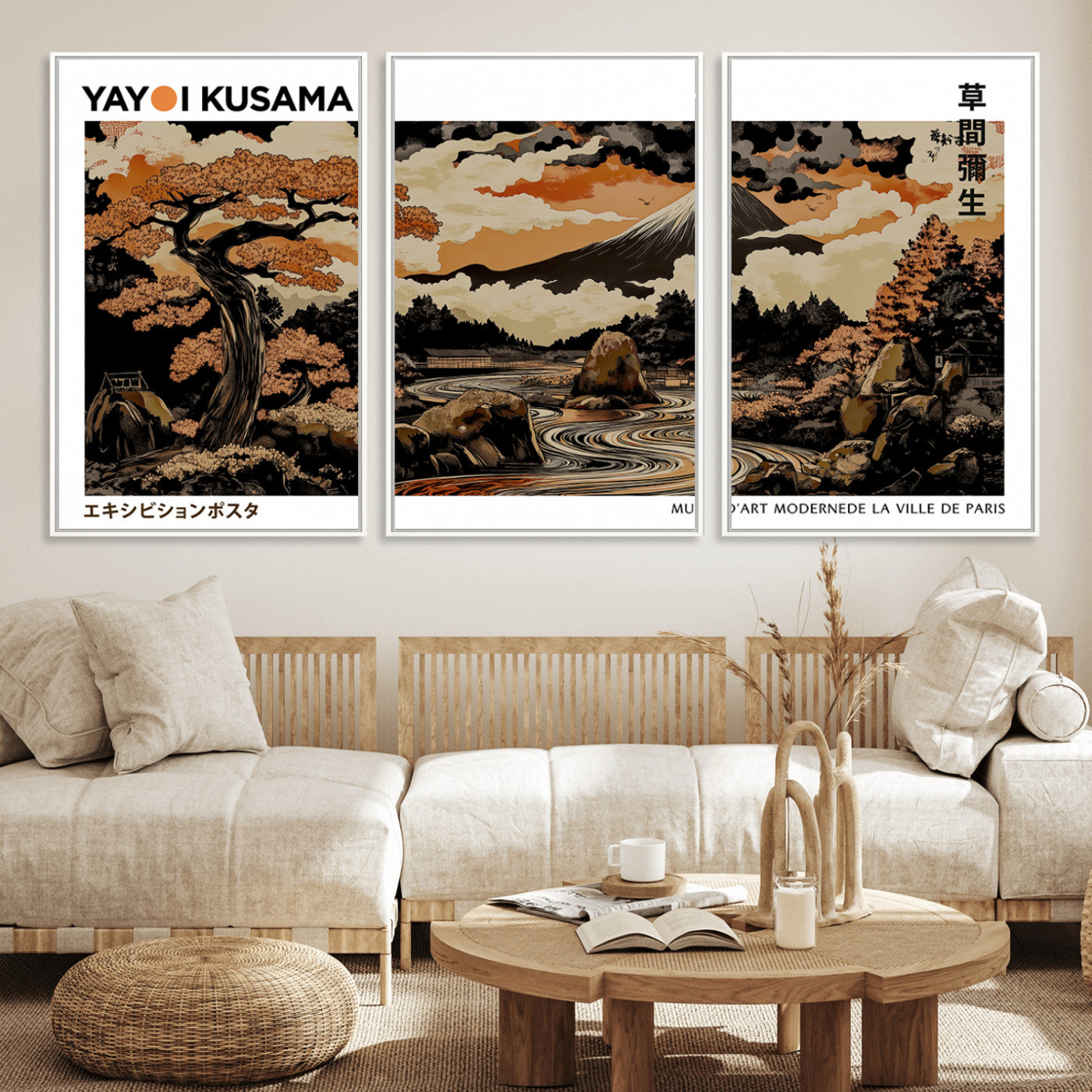 96372548-MGV-FC-60X30-3P_White-Modern Japanese Wall Art Canvas Print – Framed Abstract Mount Fuji Scene with Yayoi Kusama Style Artwork for Home, Office