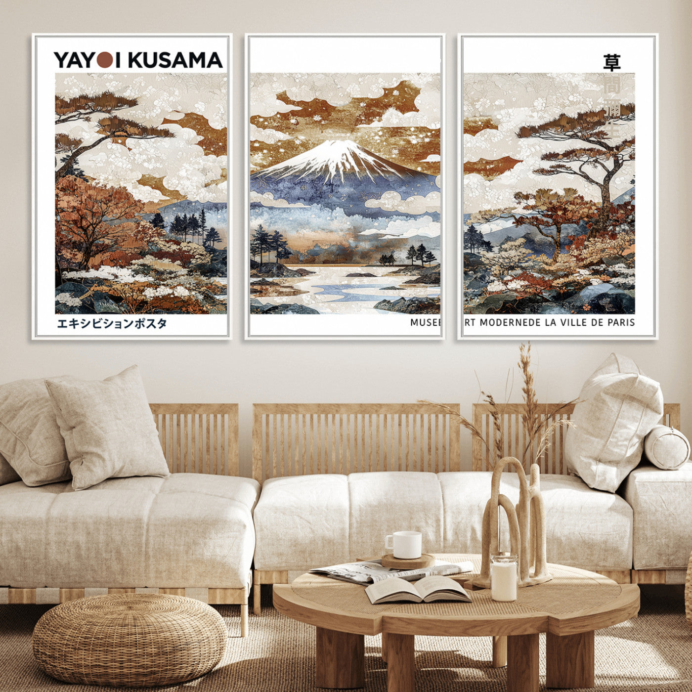 80111817-MGV-CV-36X24-Modern Japanese Wall Art Canvas Print – Framed Abstract Mount Fuji Scene with Yayoi Kusama Artwork for Home, Office