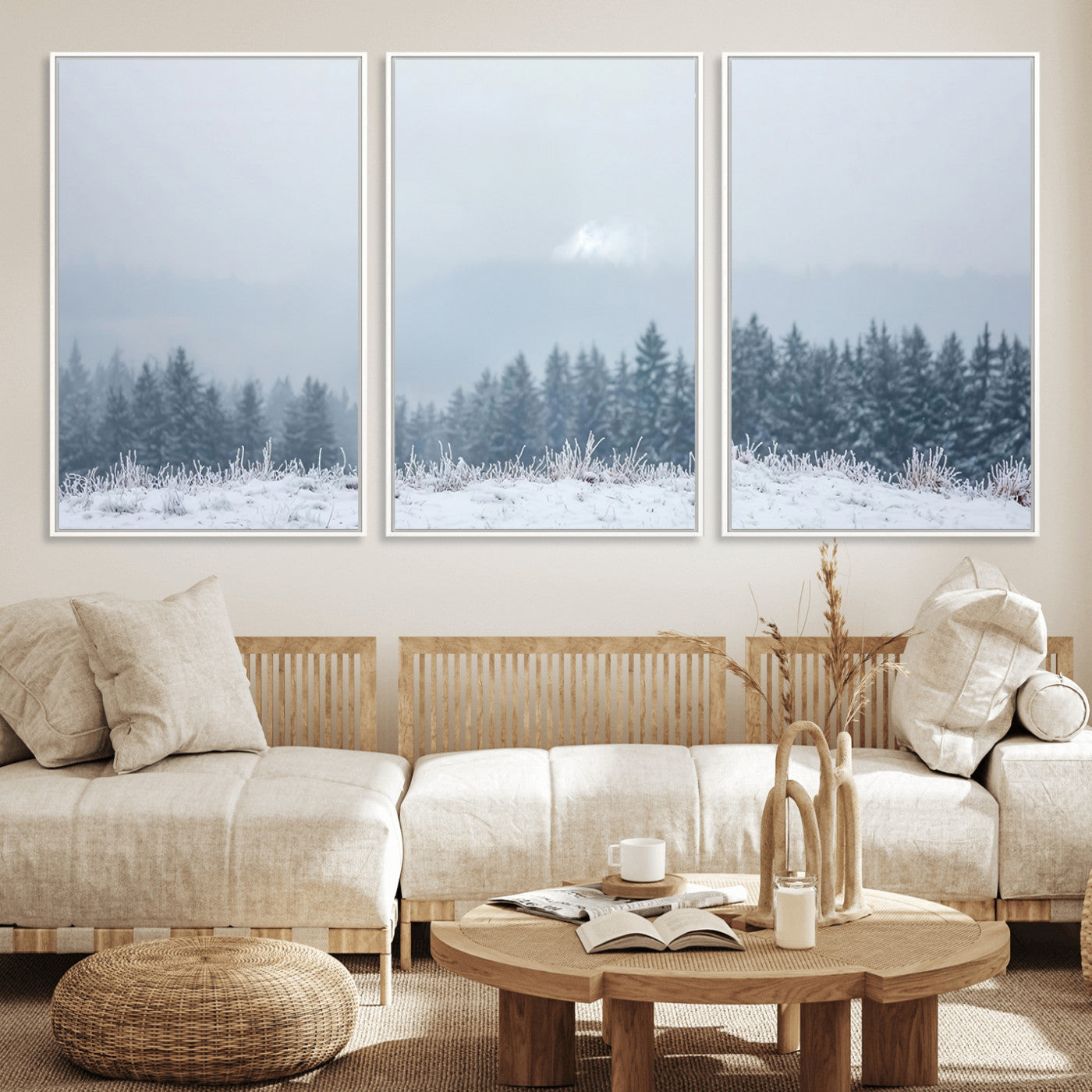 33033082-MGV-FC-60X30-3P_White-Winter Forest Wall Art Canvas Print – Framed Snowy Landscape Art Picture Misty Tree Scene Artwork for Home Office