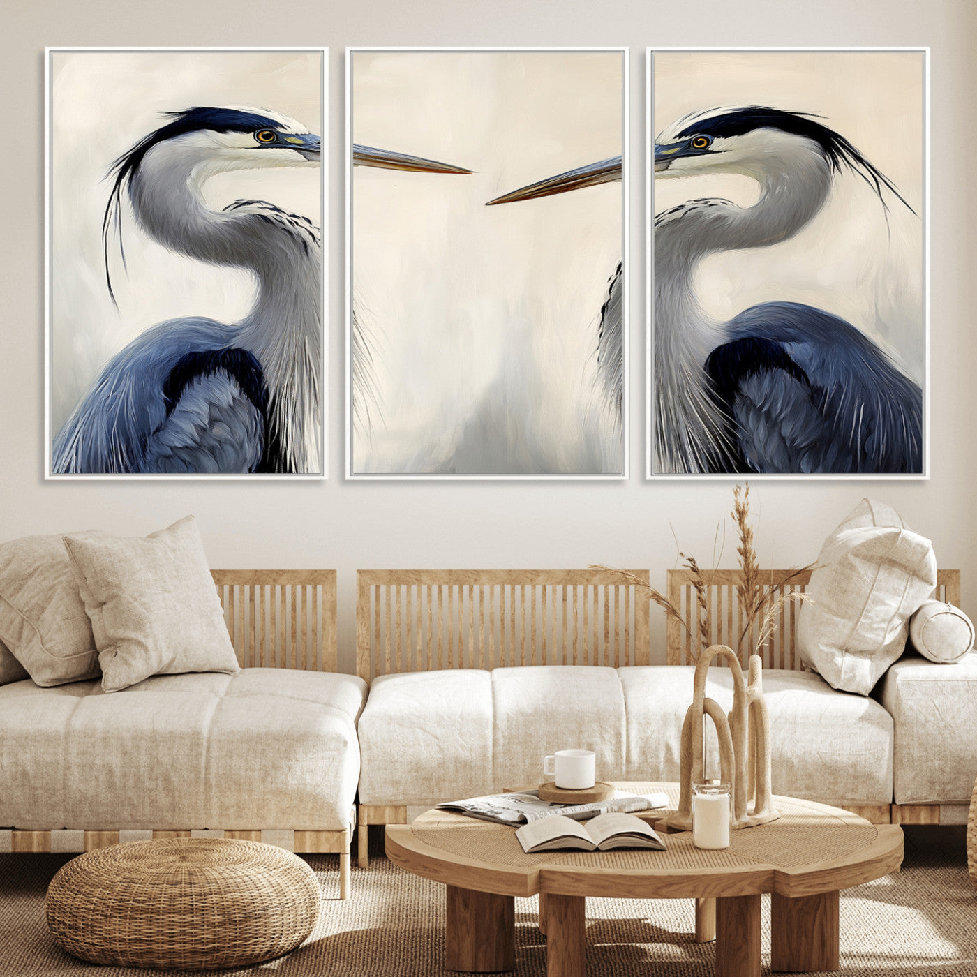 18230556-MGV-FC-60X30-3P_White-Blue Heron Pair Wall Art Canvas Print – Framed Coastal Bird Tranquil Wildlife Scene Minimalist Nature Artwork for Home Office