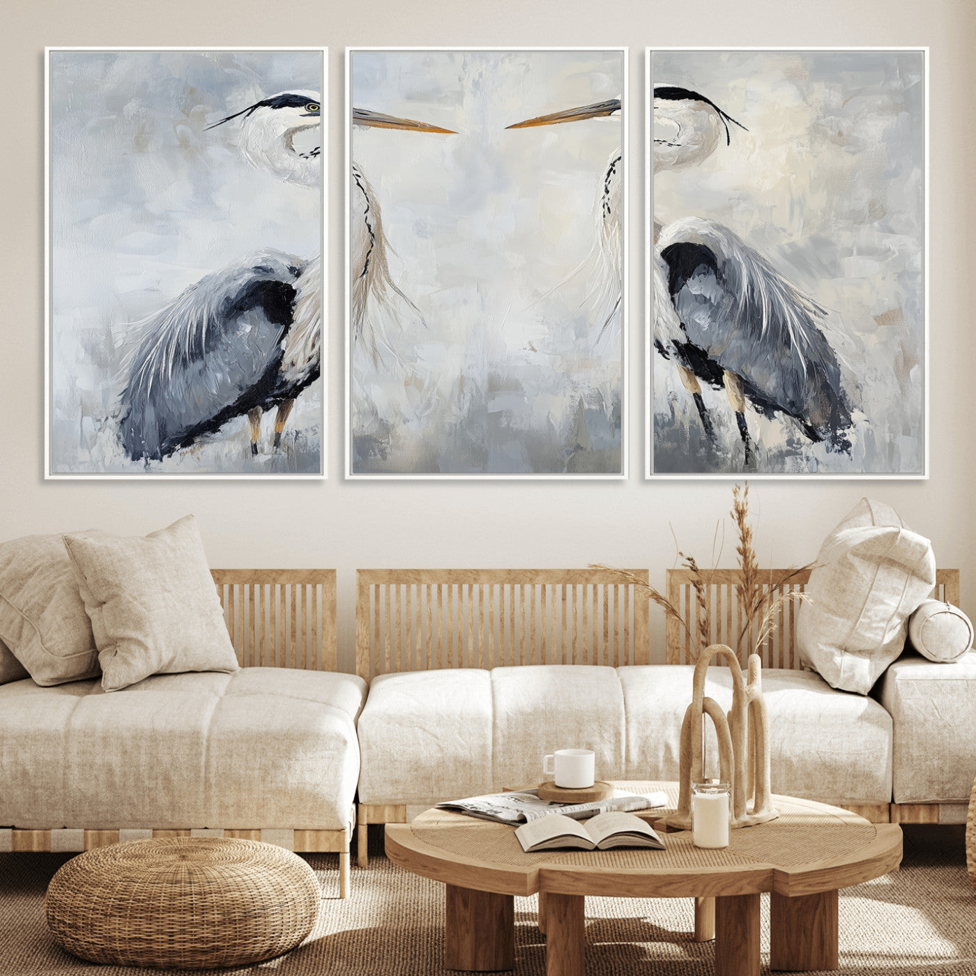 90806932-MGV-FC-60X30-3P_White-Heron Wall Art Canvas Print – Framed Bird Nature Inspired Coastal Minimalist Wildlife Artwork for Home Office