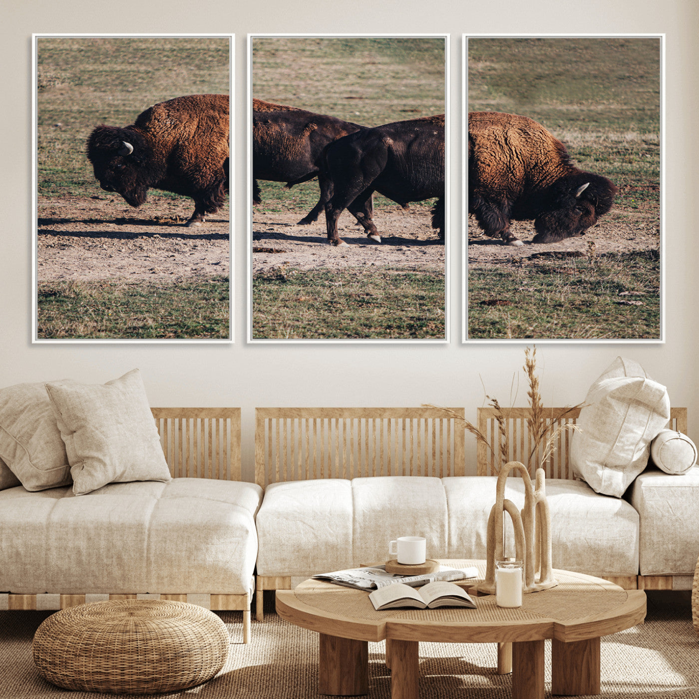 58141885-MGV-FC-60X30-3P_White-Bison Wall Art Canvas Print – Framed Western Wildlife Modern Ranch Rustic Nature Scene Artwork for Home Office