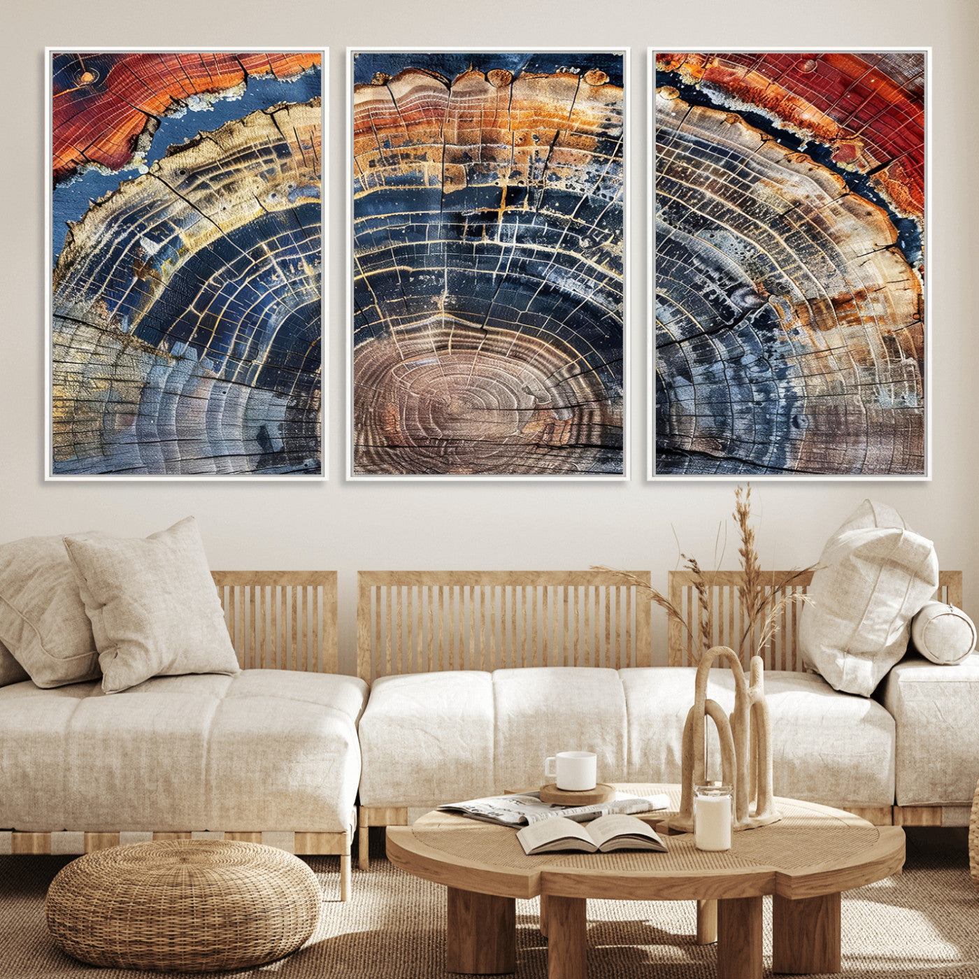 60292921-MGV-FC-60X30-3P - Vintage Tree Rings Wall Art Canvas Print – Framed Wood Art Picture Petrified Wood Artwork for Home, Office, Living Room