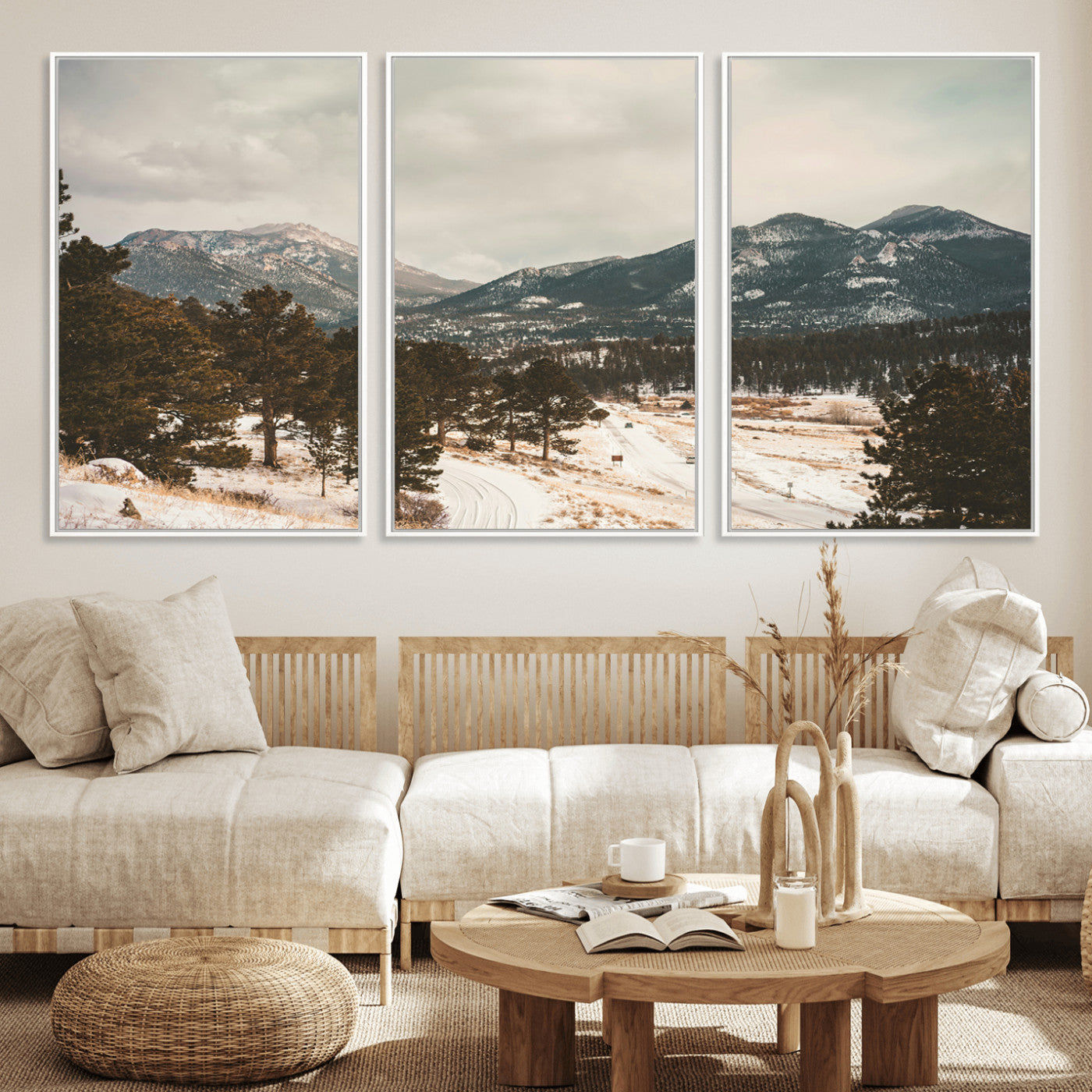 -Mountain Landscape Wall Art Canvas Print – Framed Snowy Peaks Alpine Aesthetic Rustic Winter Scene Artwork for Home Office