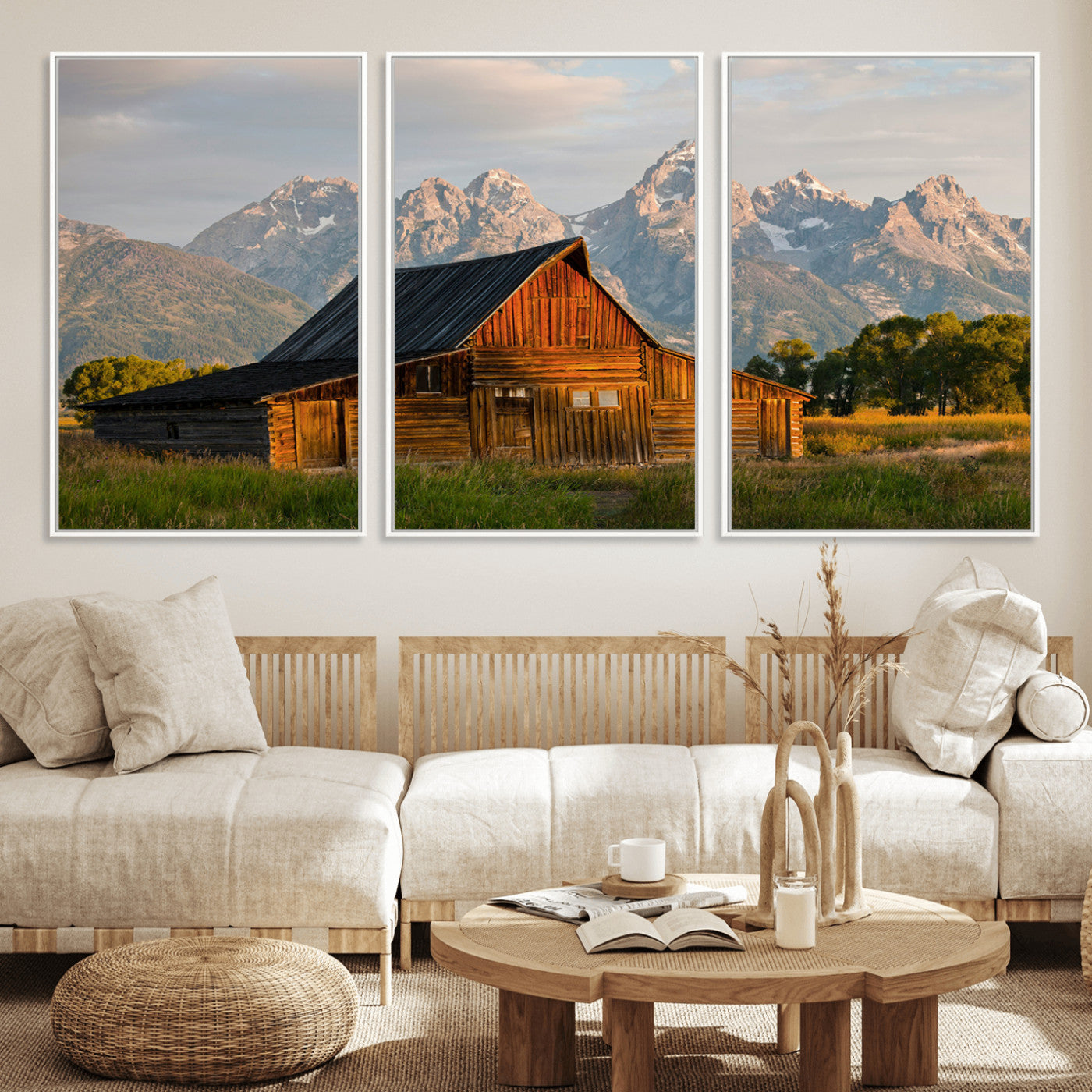 31771014-MGV-FC-60X30-3P_White-Rustic Barn Wall Art Canvas Print – Framed Western Landscape Farmhouse Style Rustic Nature Scene Artwork for Home Office